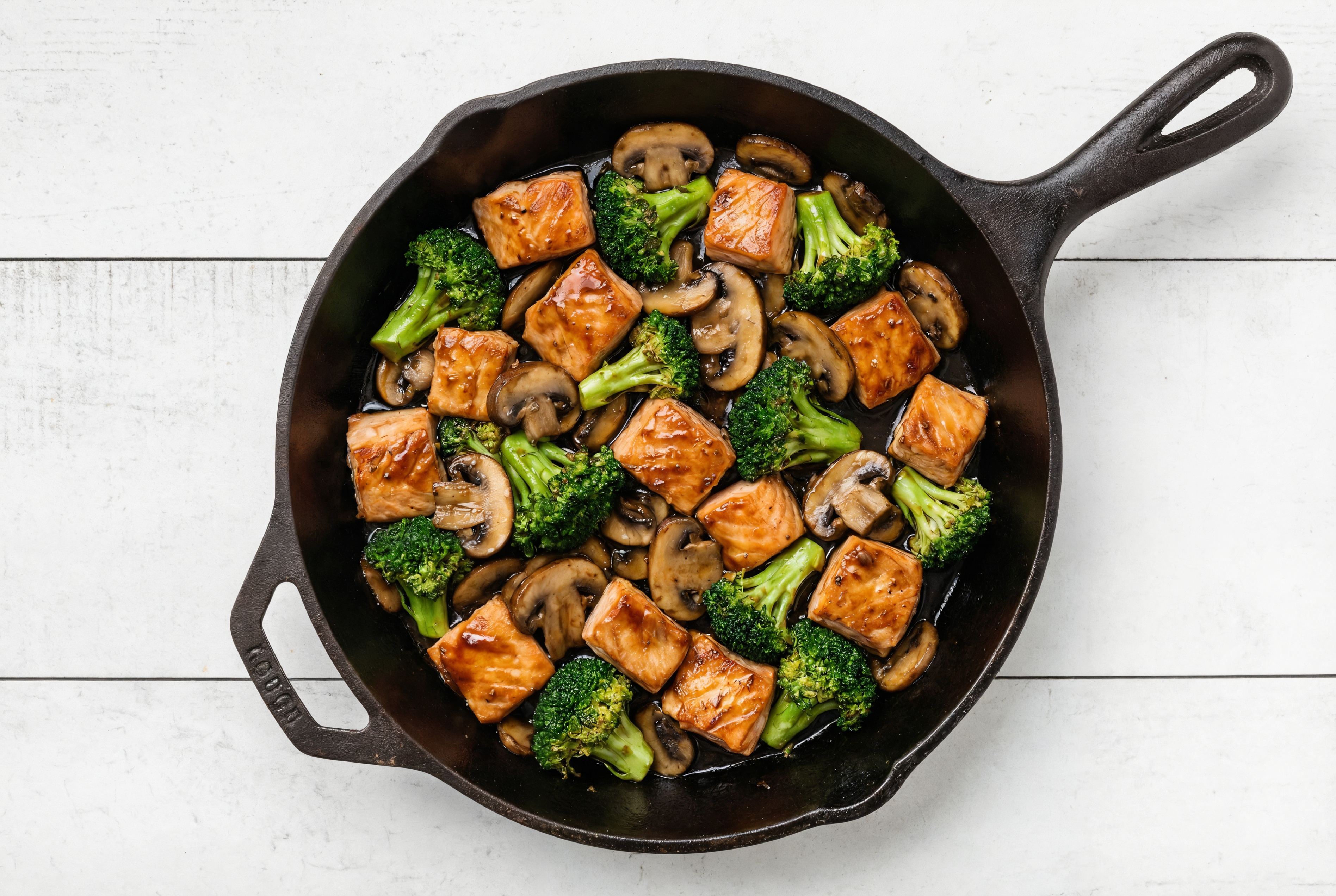 Herby Japanese BBQ Salmon + Mushroom Stir-Fry with Broccoli Florets