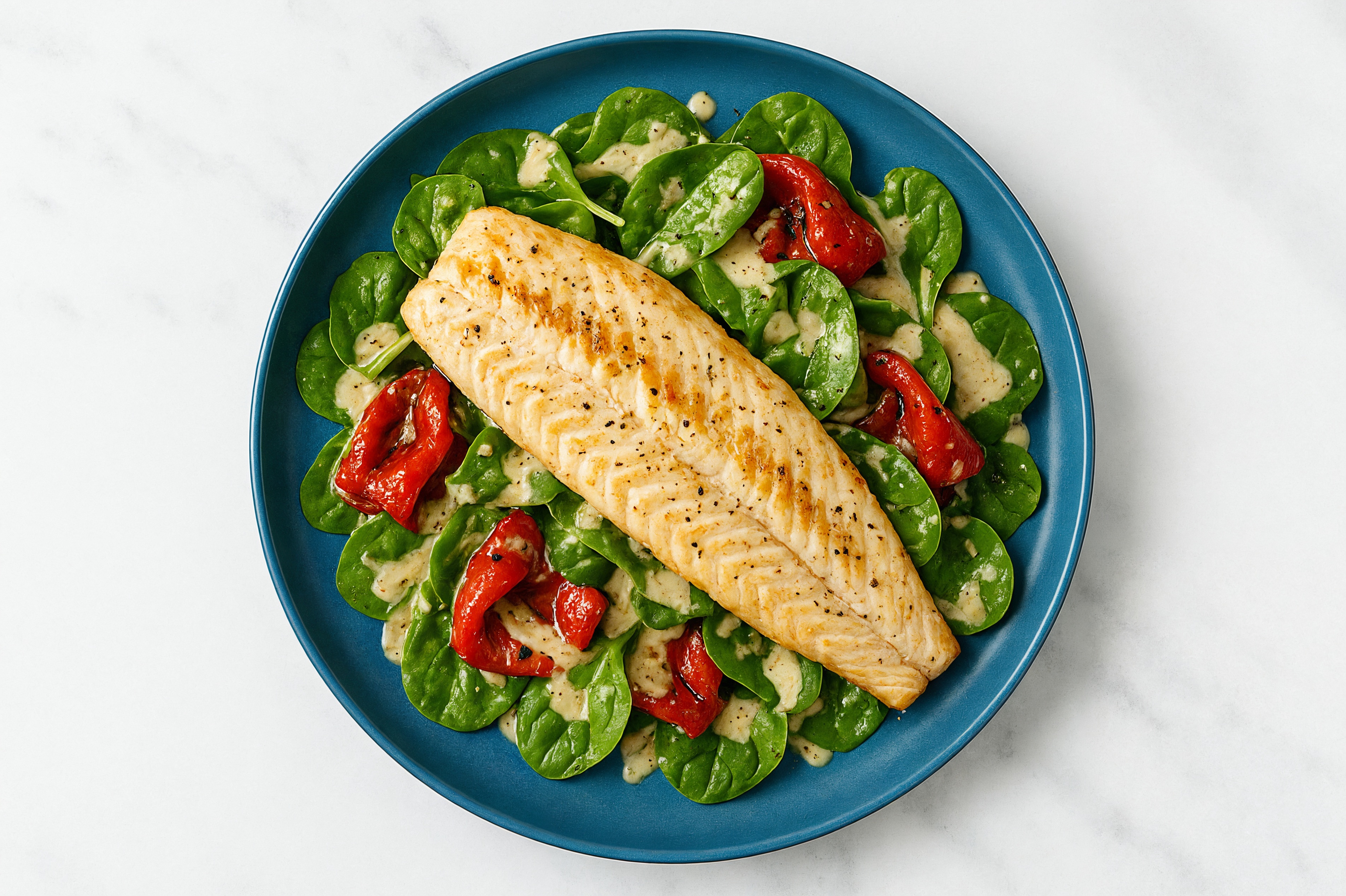 Baby Spinach Salad with Trout, Peppers & Creamy Caesar Dressing