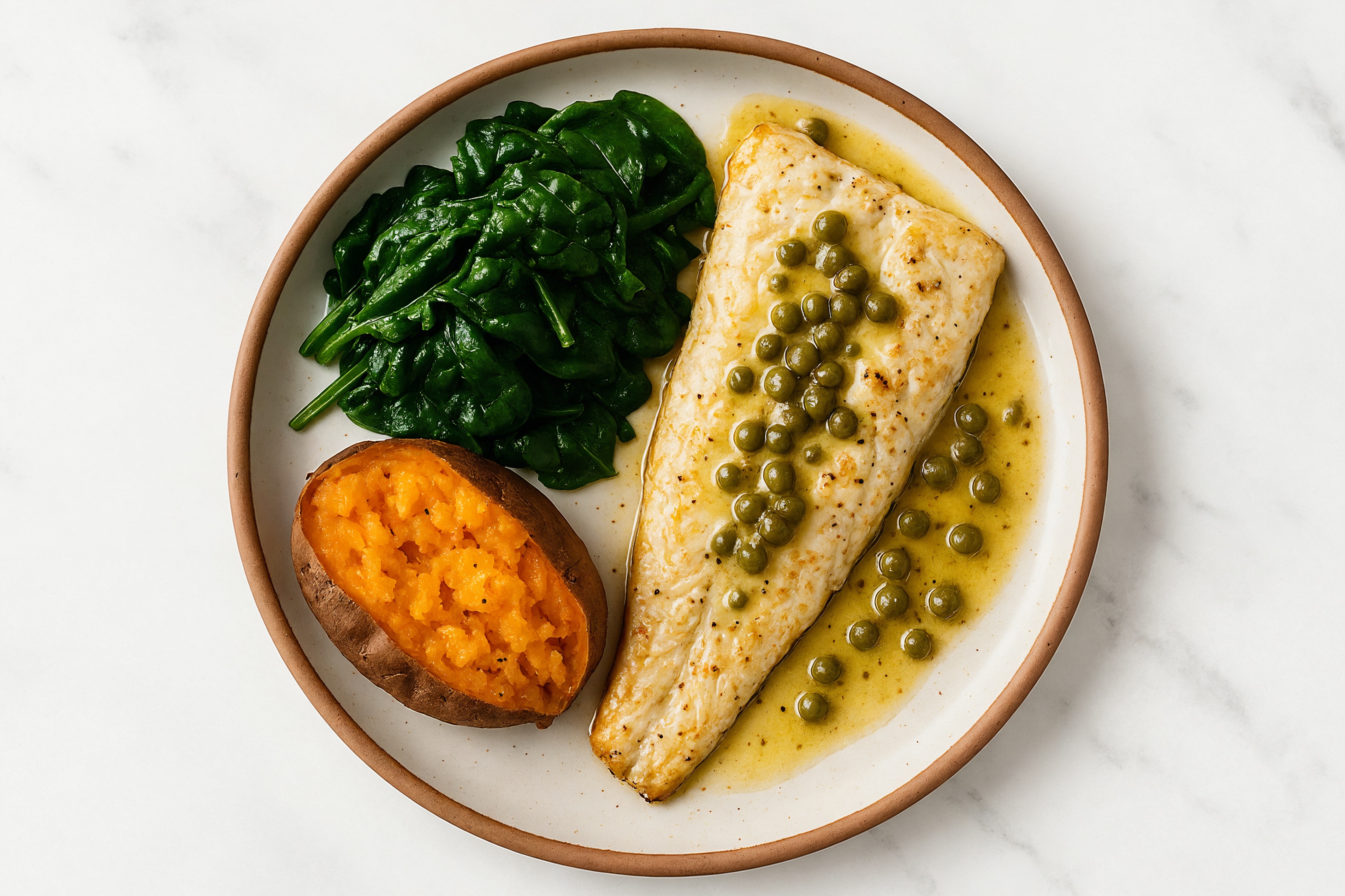 Caper-Slow Churned Pasture Butter Trout with Sweet Potato & Spinach