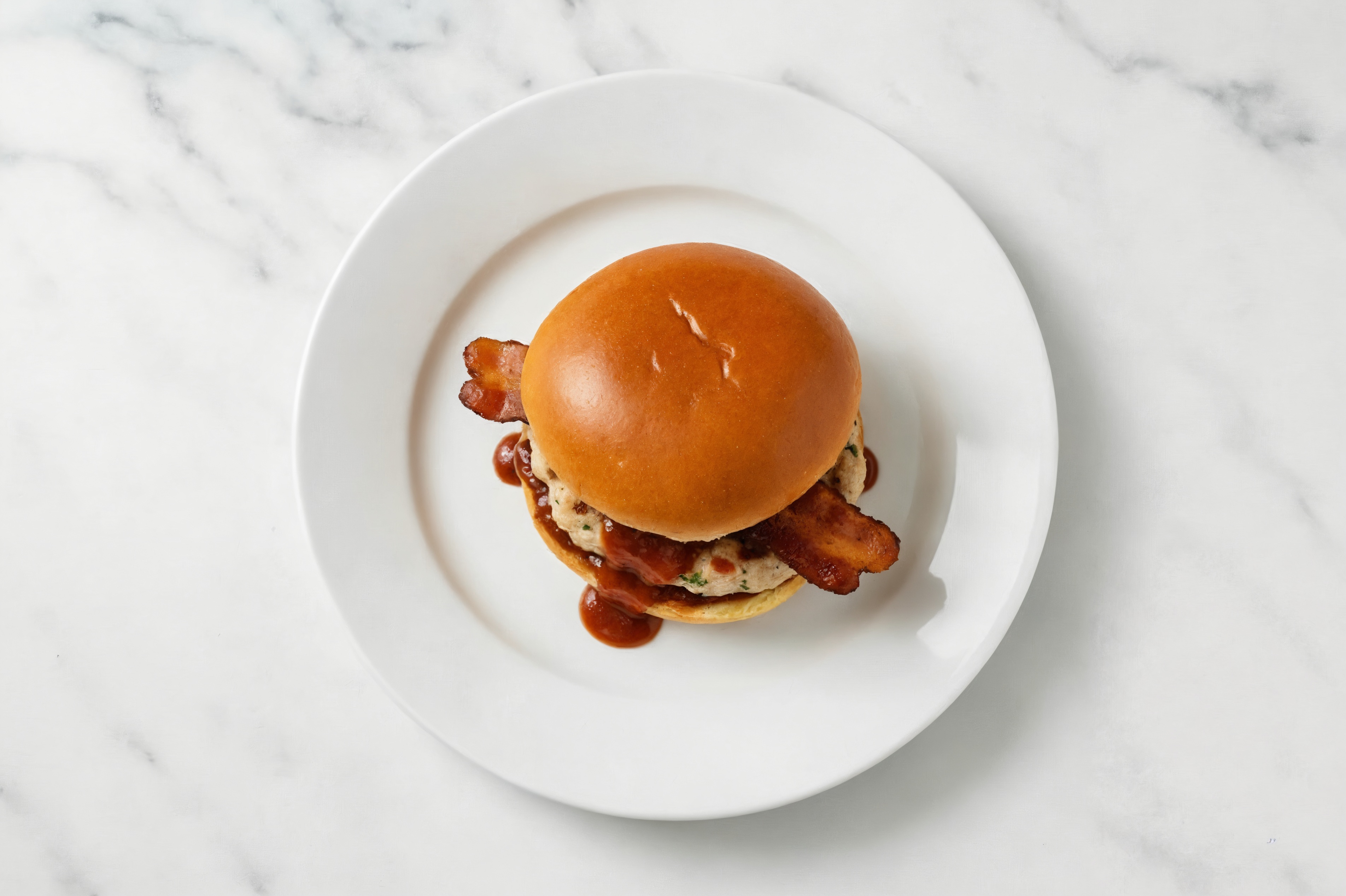 Garlic Chicken Burger Buns on Brioche with BBQ & Turkey Bacon