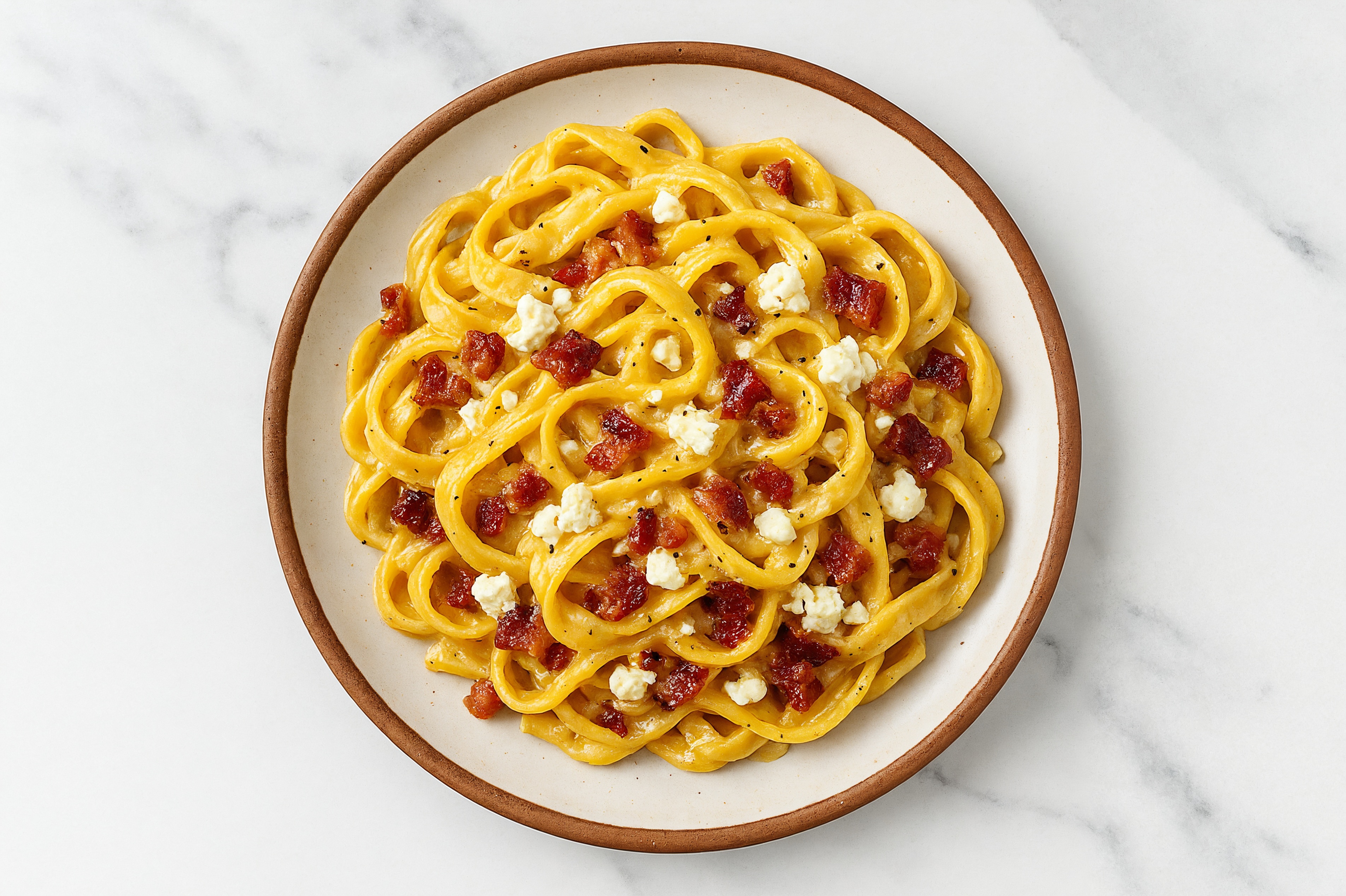 Creamy Cheddar Tagliatelle with Applewood Smoked Pork Bacon & Goat Cheese