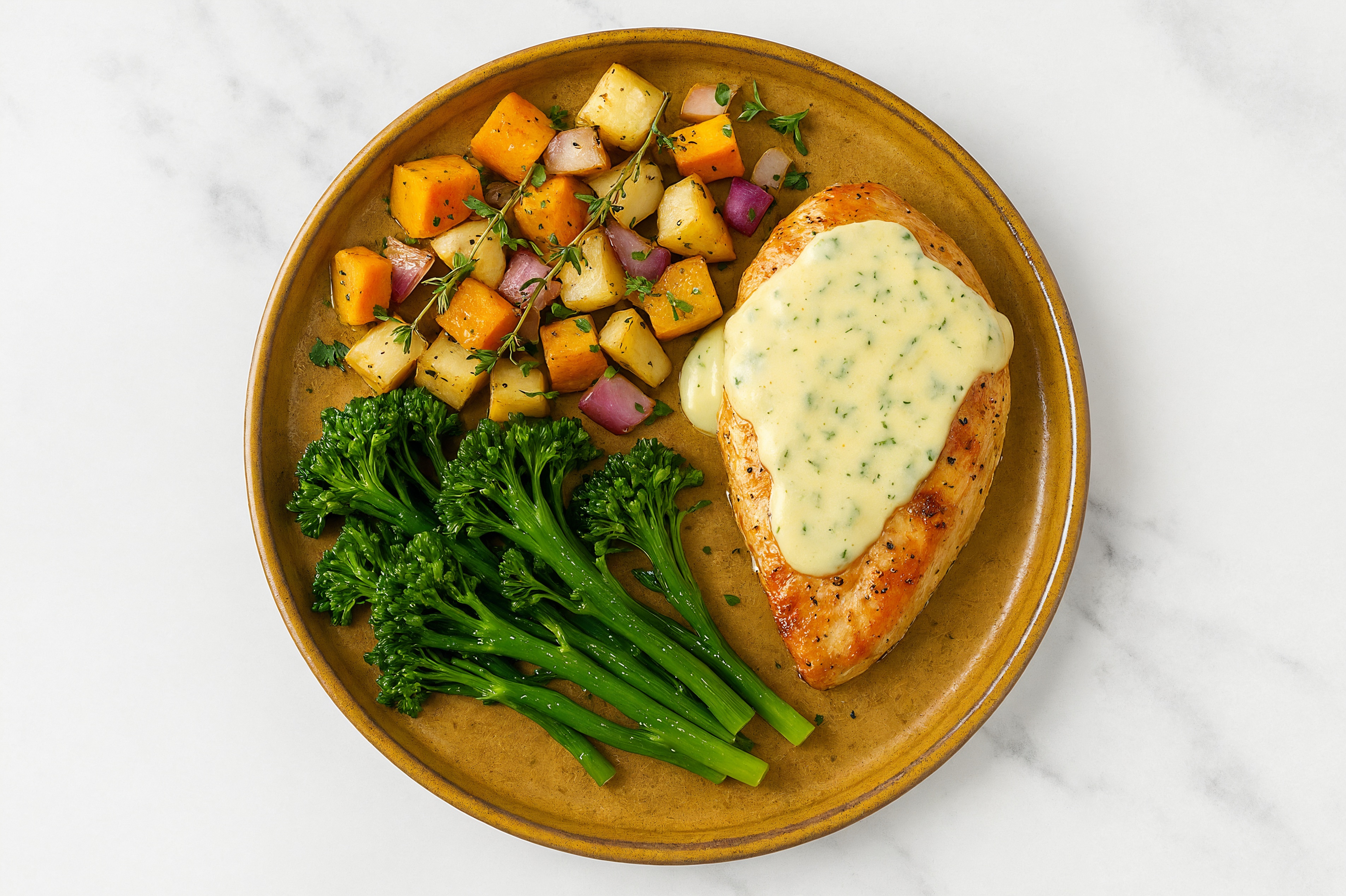 Creamy Herb Smothered Chicken Breasts with Baby Broccoli & Roasted Vegetables