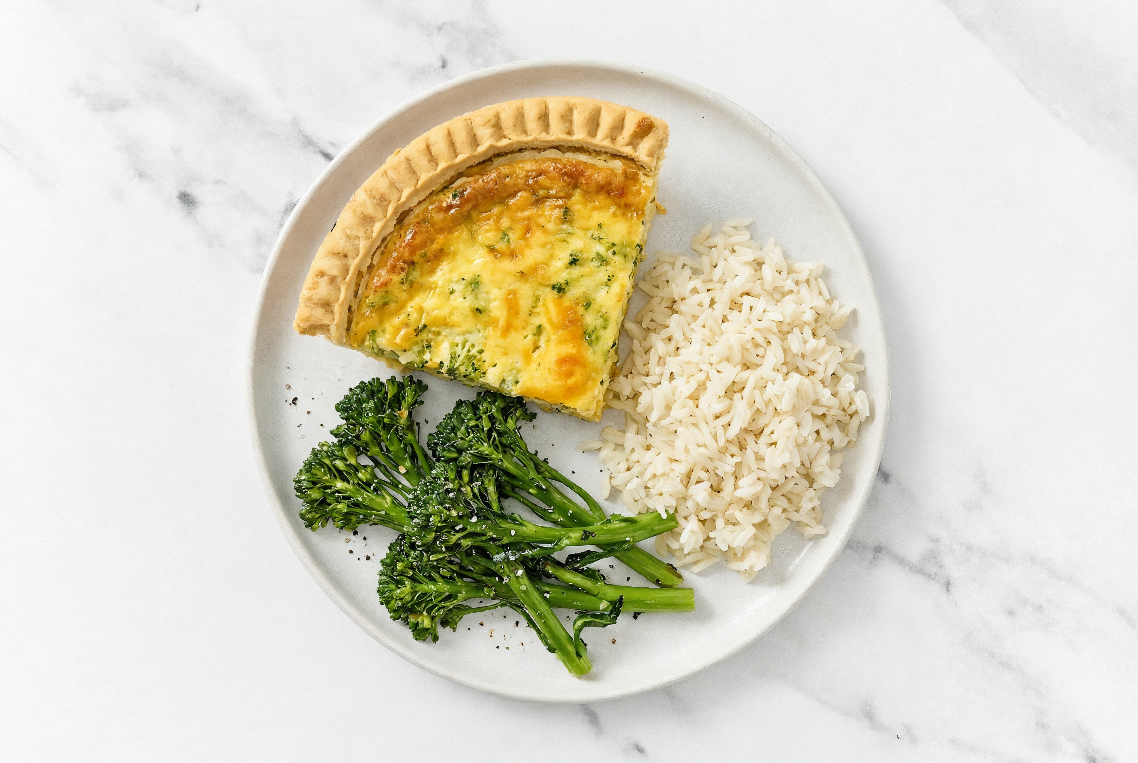 Broccoli & Cheddar Quiche with Baby Broccoli & White Rice