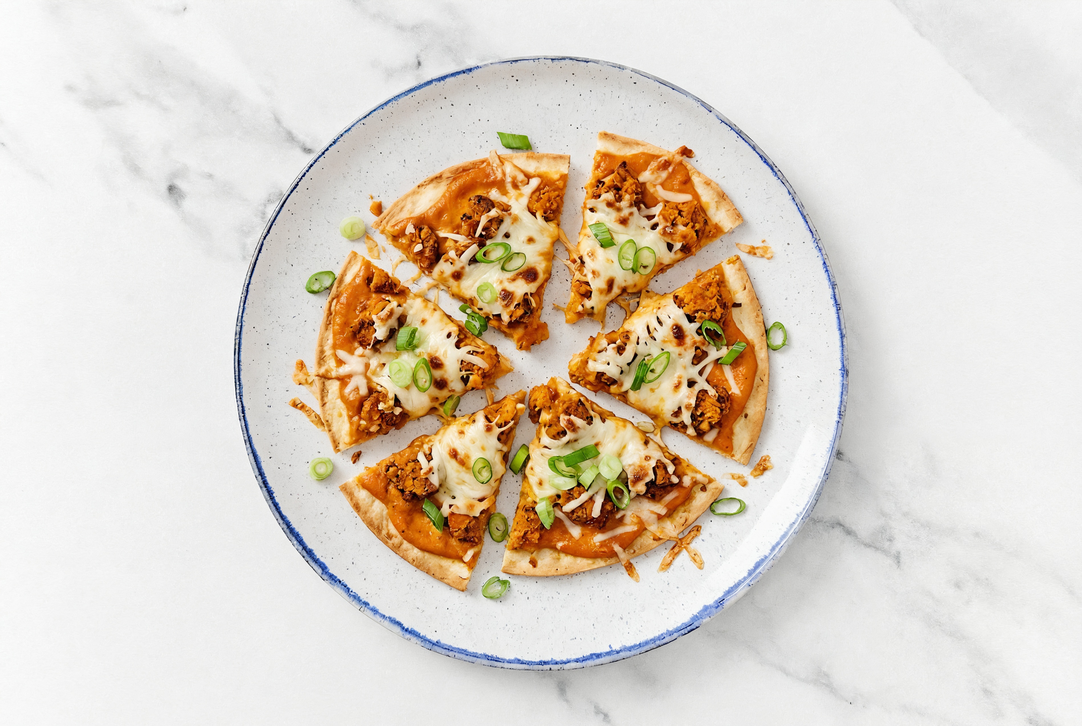 Spiced Tikka Sweet Potato Lavash Pizza with "Mozzarella" + Fresh Scallions