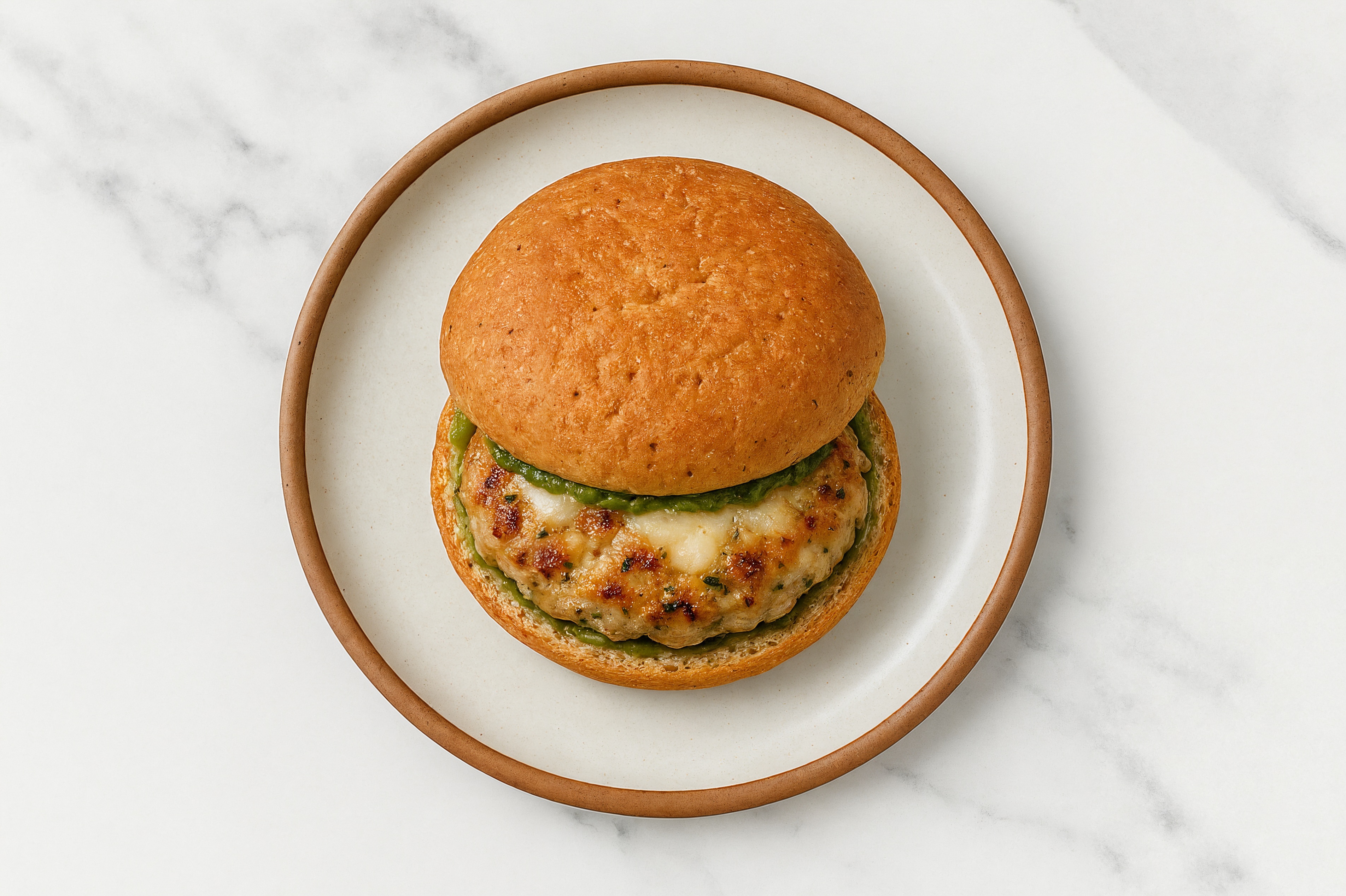 Bruschetta Chicken Patties with Shredded Mozzarella Cheese + Pesto Aioli on Whole Grain Buns
