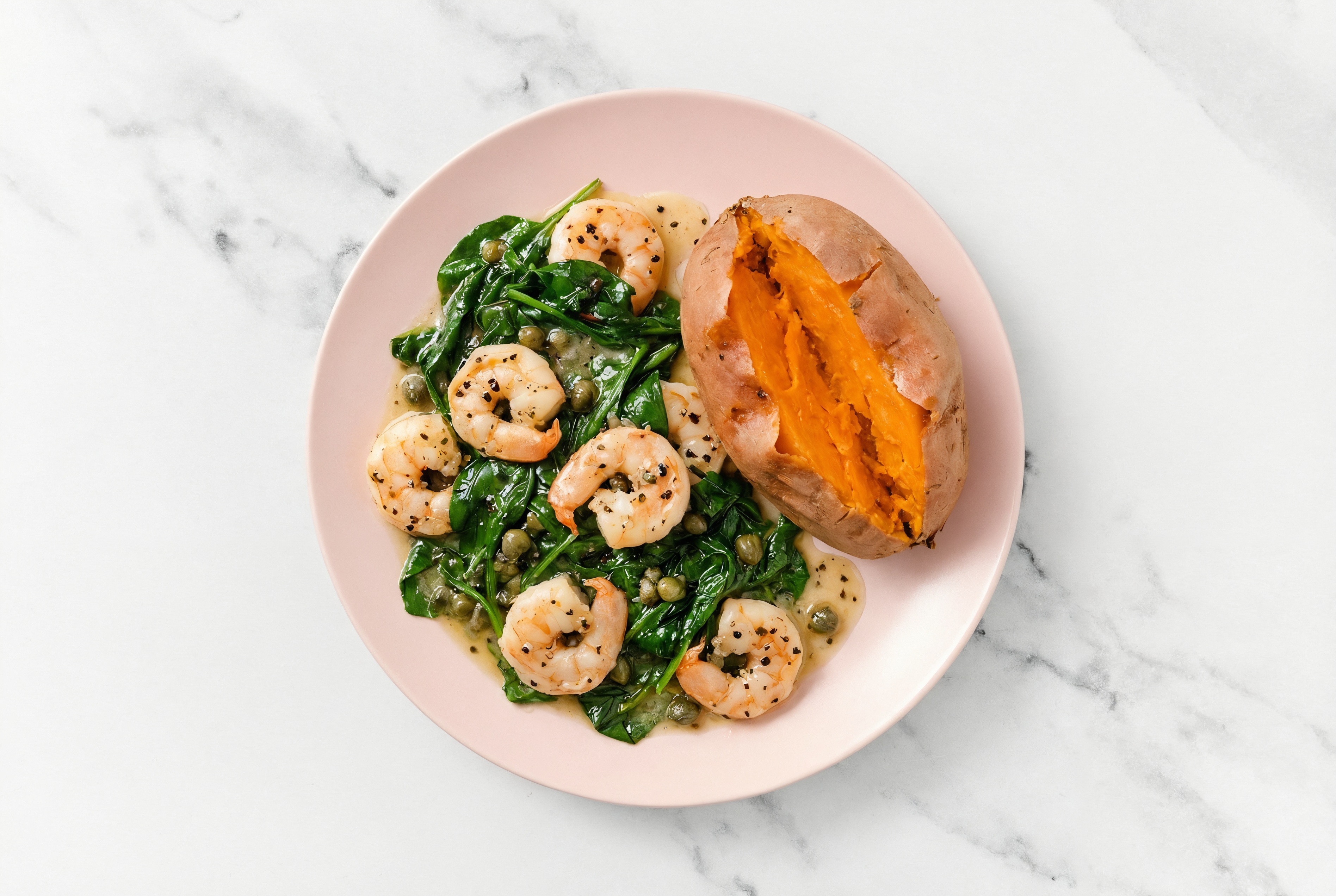 Caper-Slow Churned Lemon & Peppercorn Pasture Butter Shrimp with Sweet Potato & Spinach