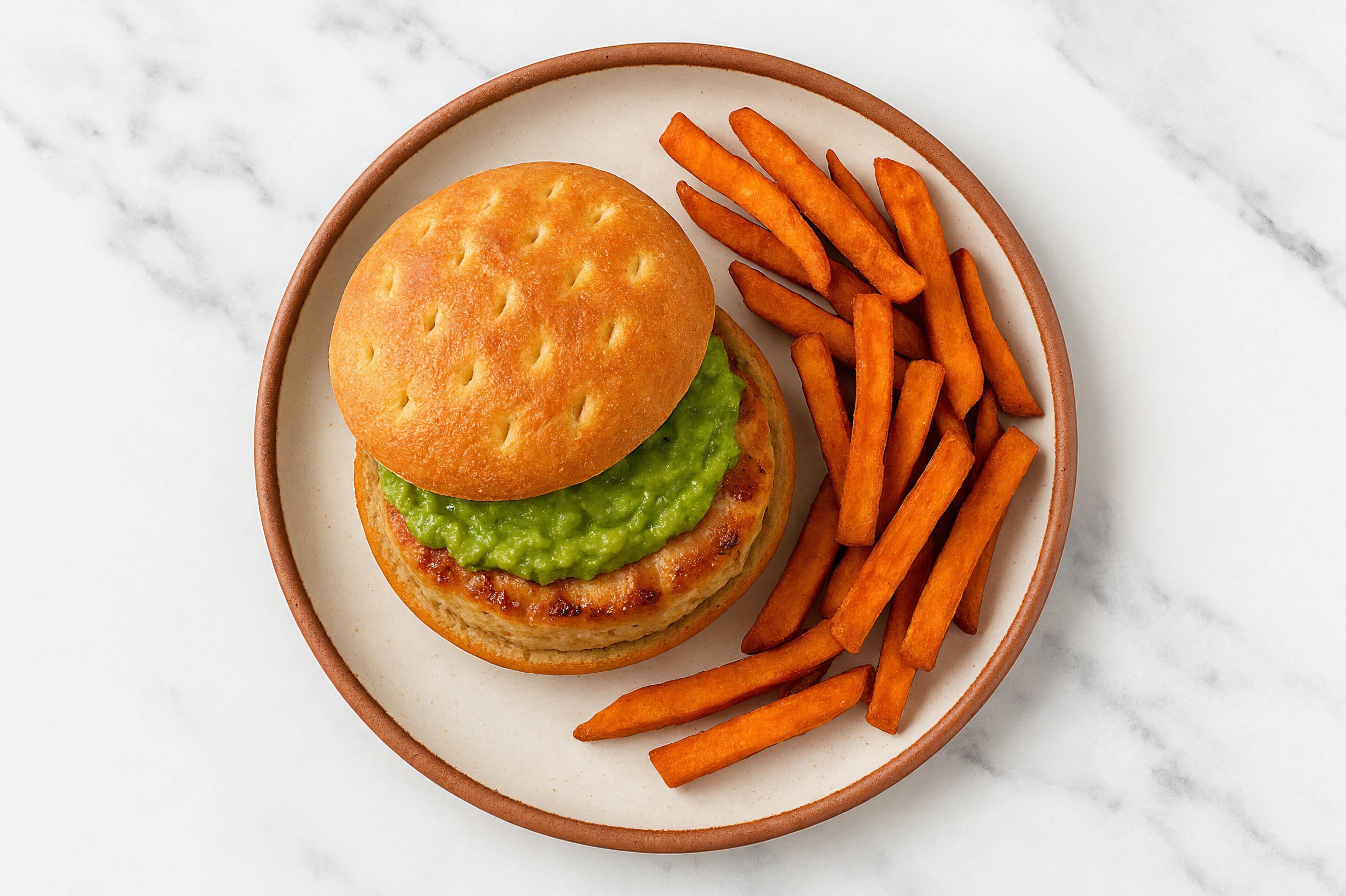 Chicken Bacon Guacamole Burger + Sweet Potato Fries