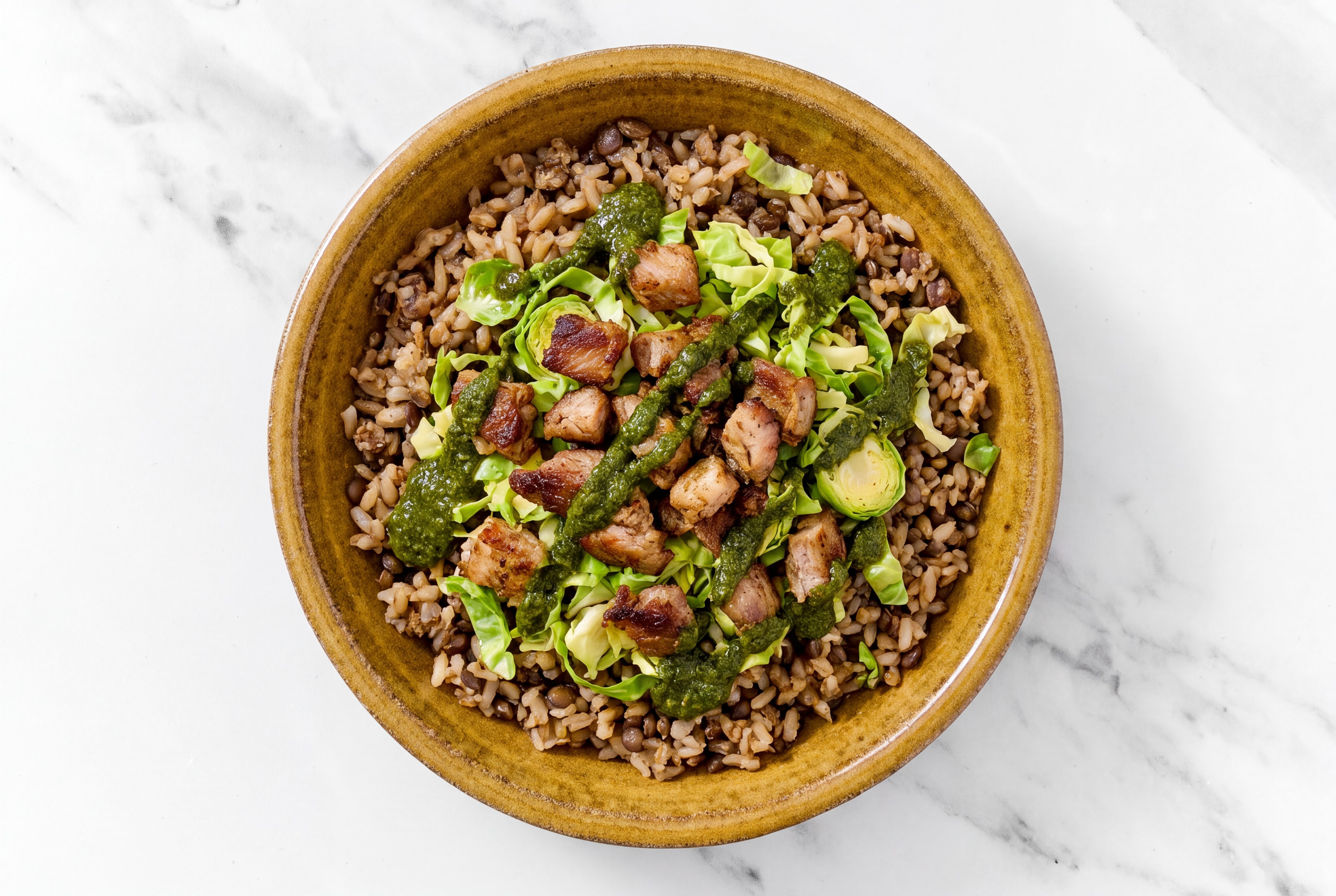 Carnitas Grain Bowl with Brussels & Zhoug