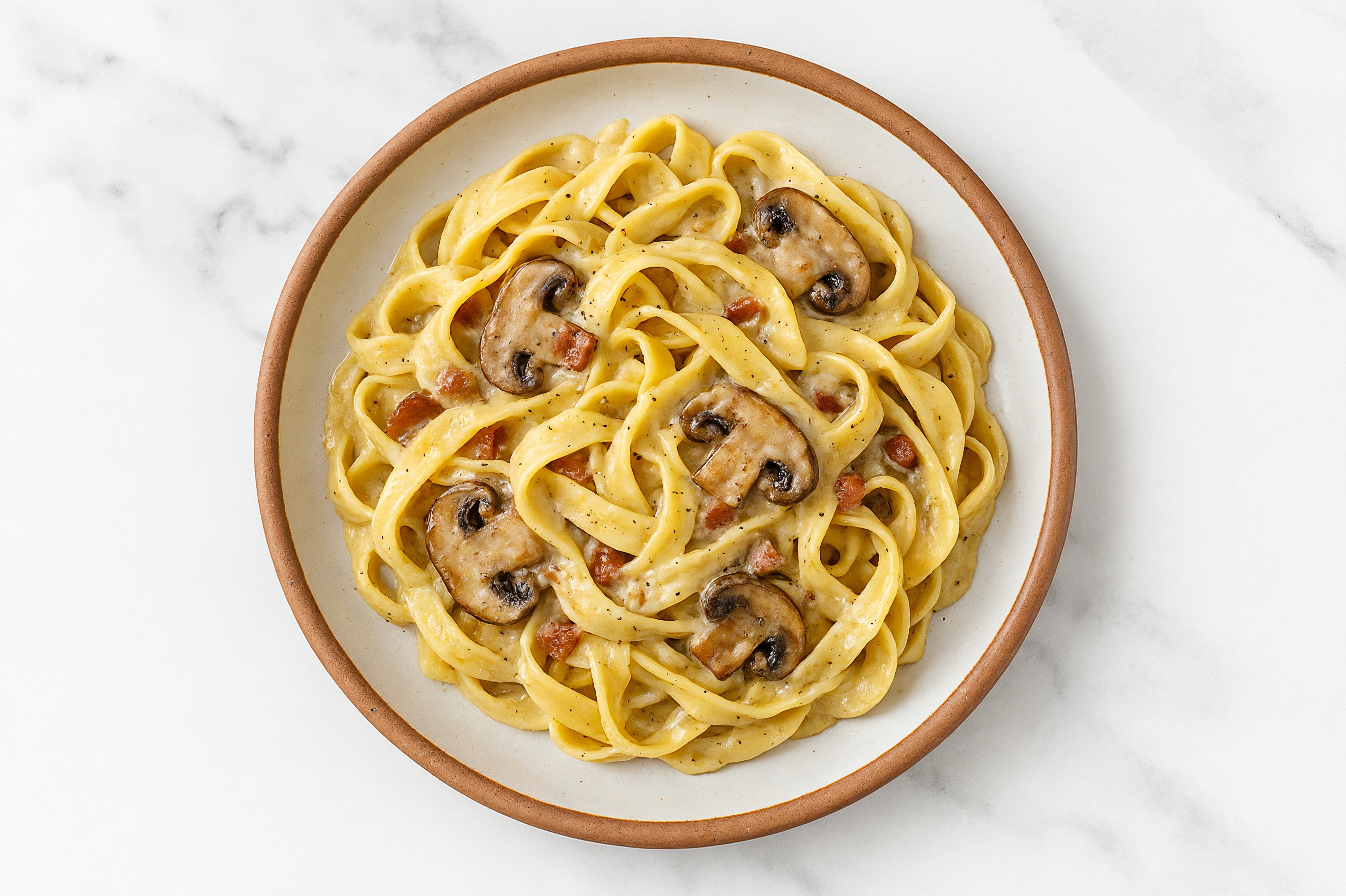 Creamy Rosemary Truffle Sauce Applewood Smoked Pork Bacon + Mushroom Tagliatelle