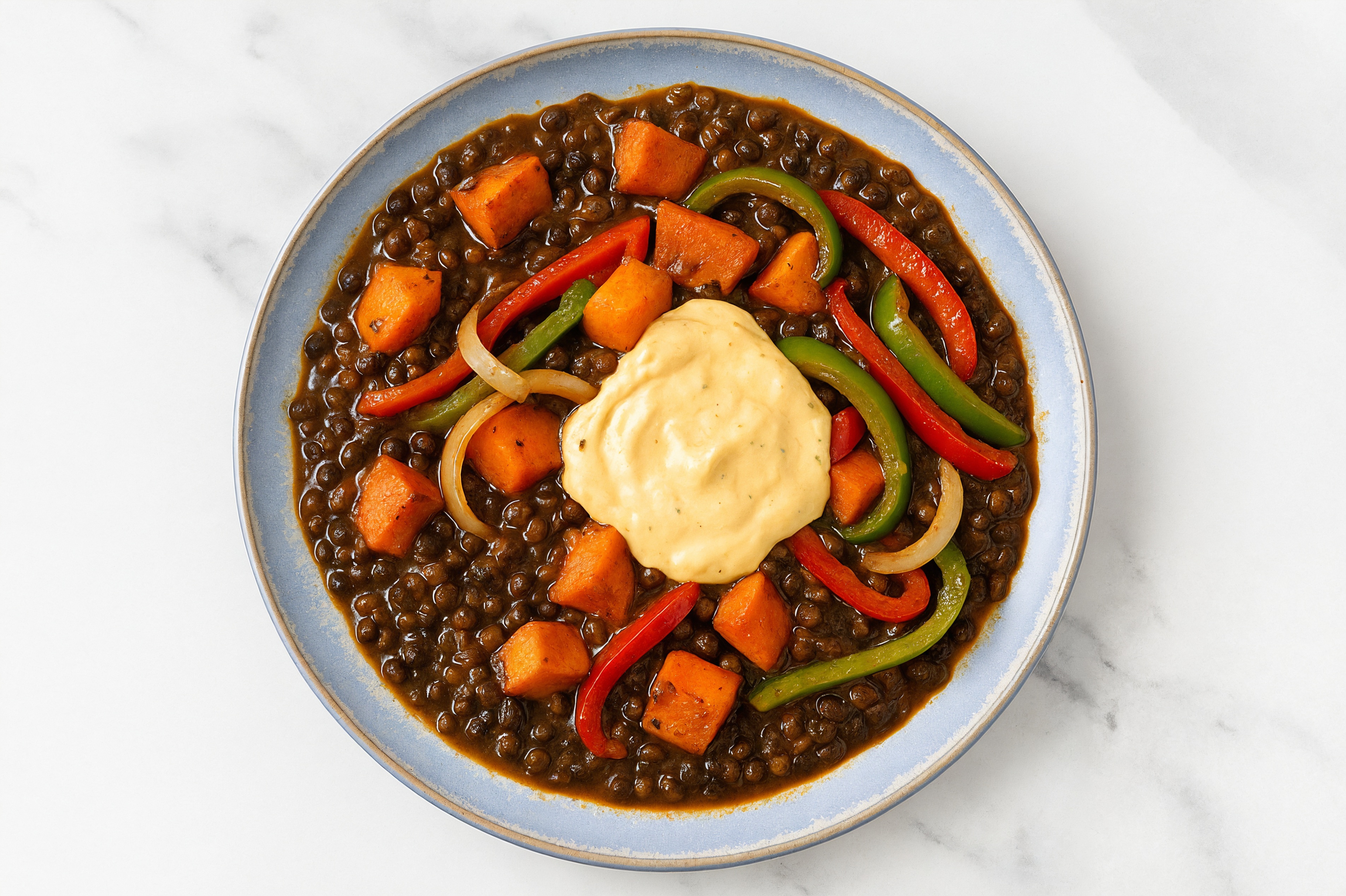 Roasted Sweet Potatoes, Bell Peppers + Black Lentils with Awesome Sauce Vegan Plate