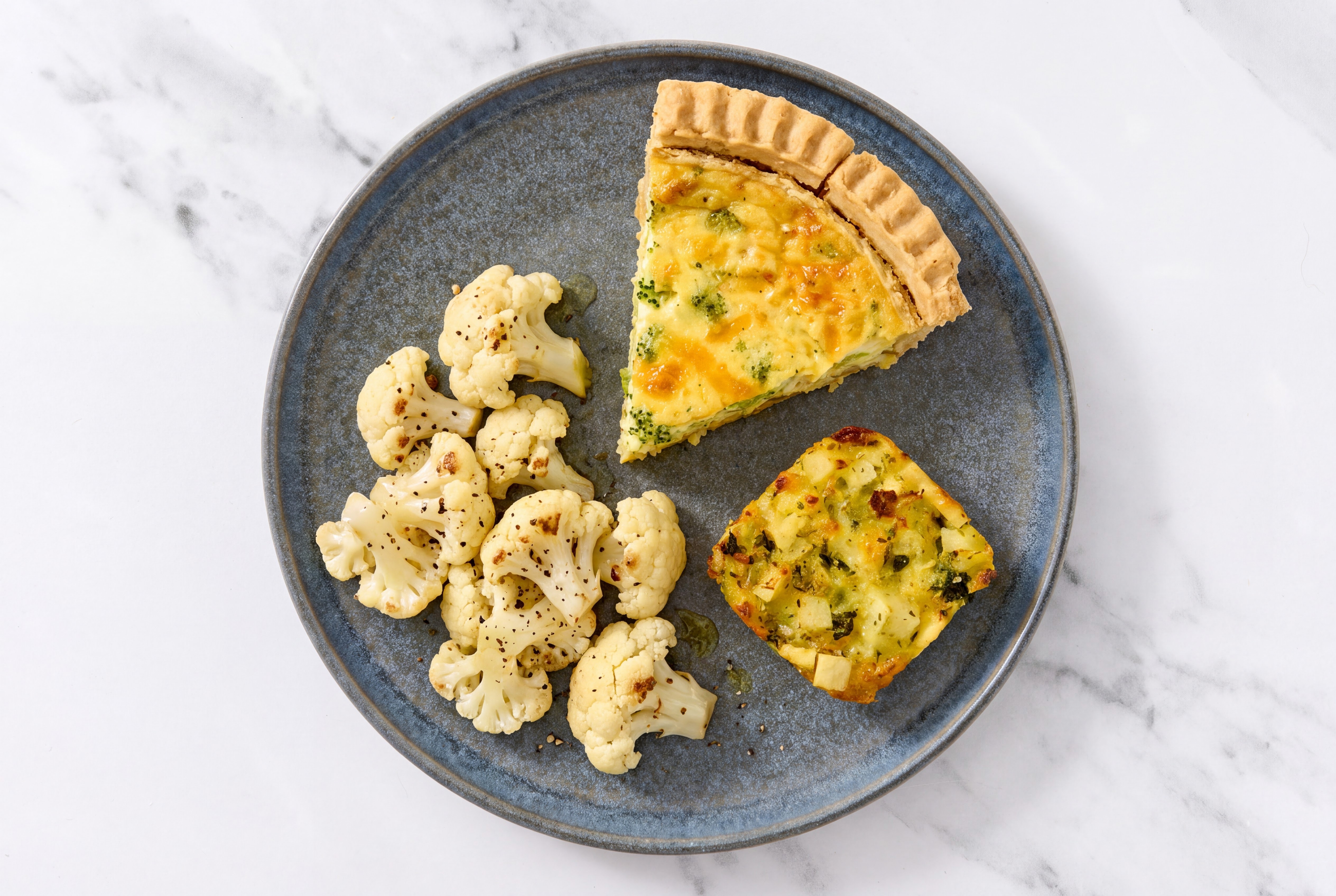 Broccoli & Cheddar Quiche with Cauliflower Florets & Potato Bake