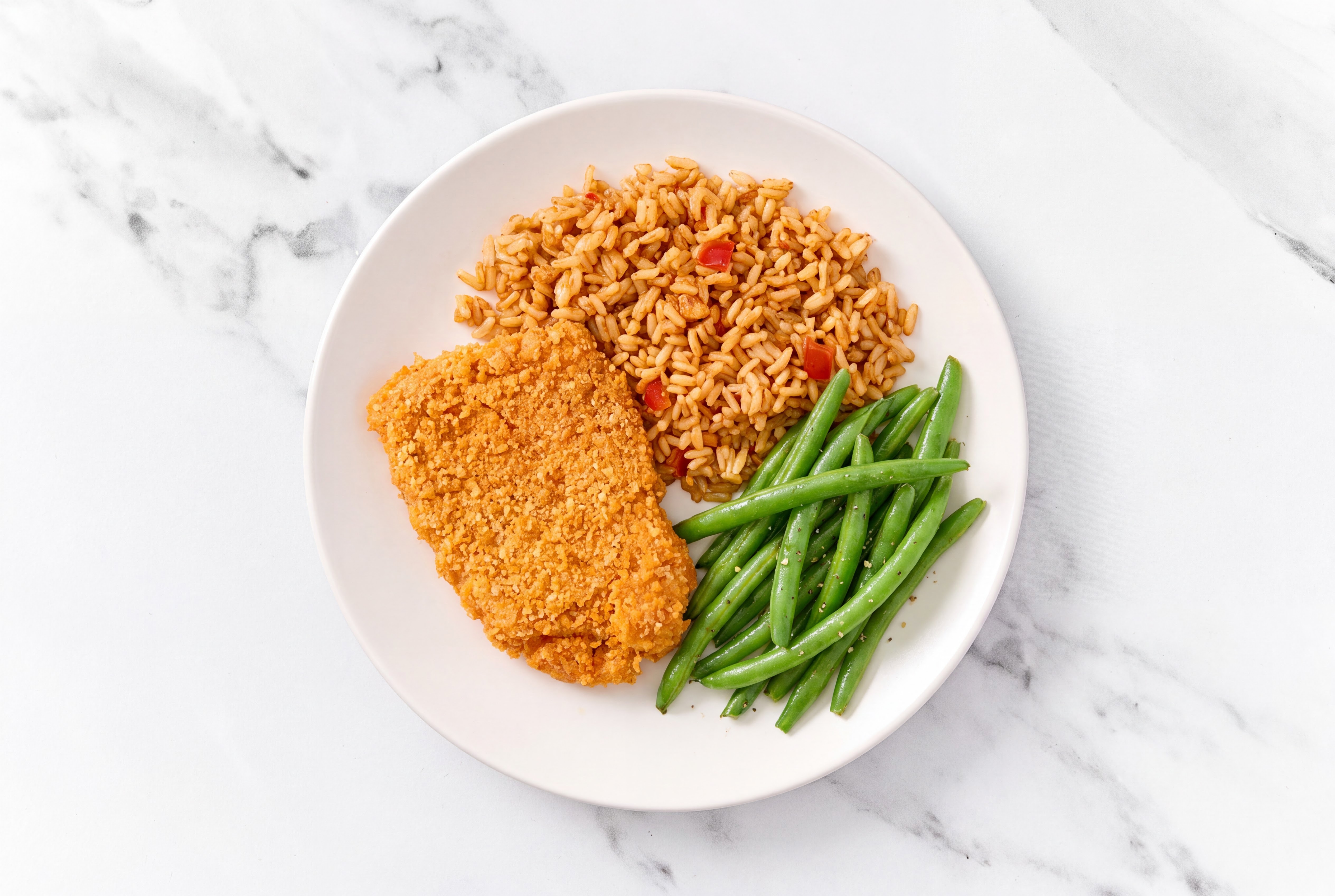 Hot Honey Breaded Chicken Cutlet with Organic Green Beans & Mexican Rice