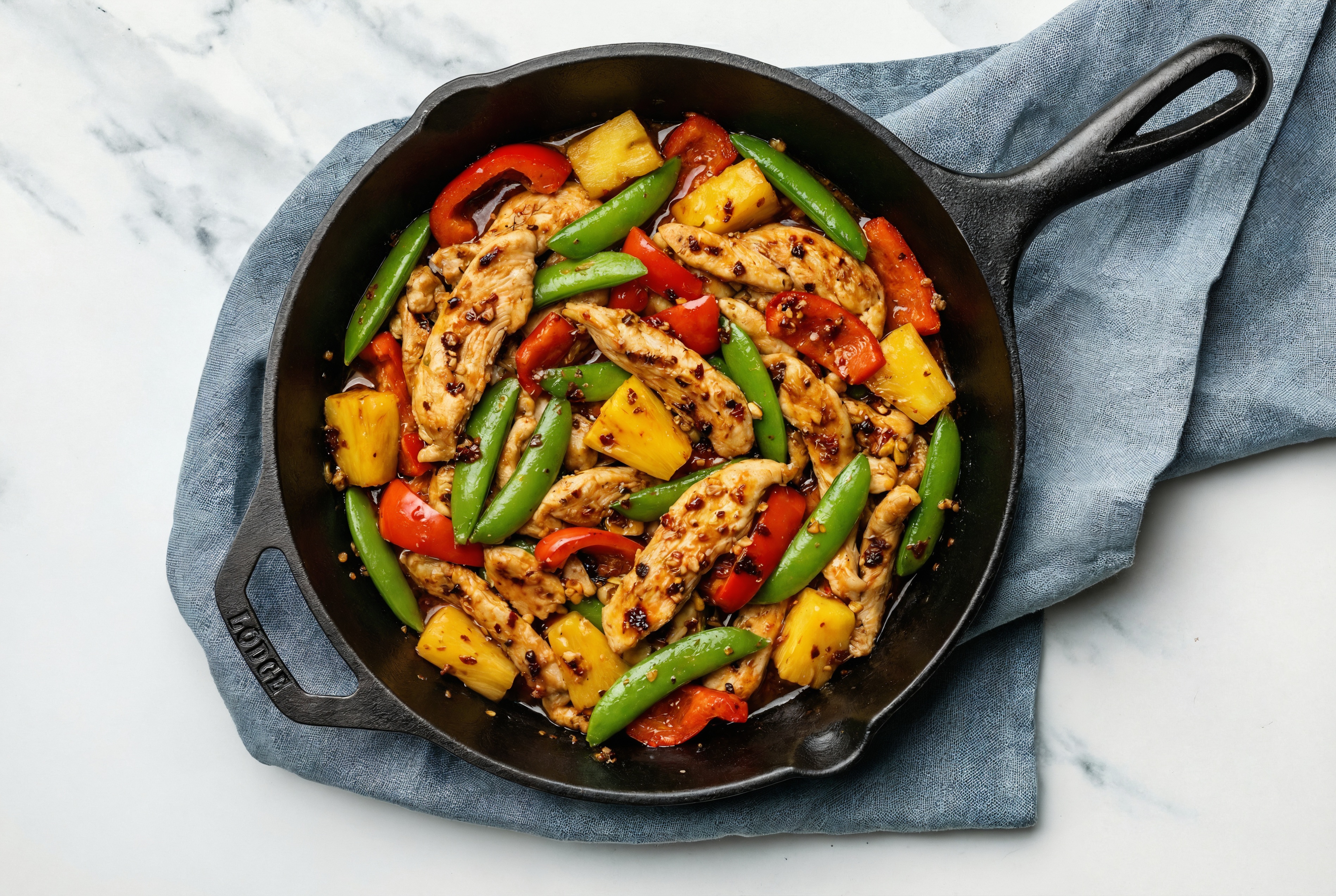 Chili Crisp Chicken with Pea Snaps, Bell Organic Pepper + Pineapple