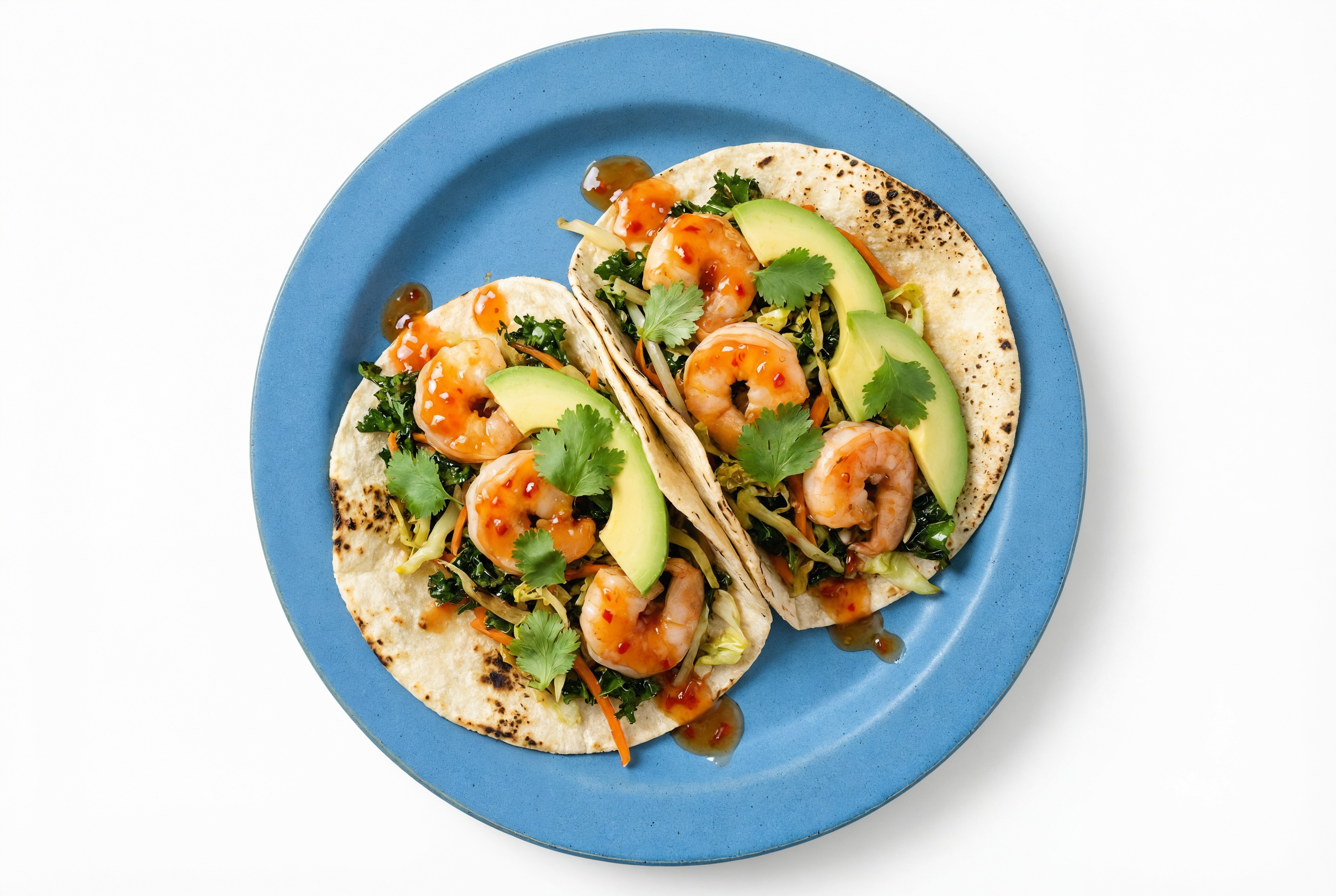 Sweet Chili Jumbo Shrimp + Avocado Tacos
