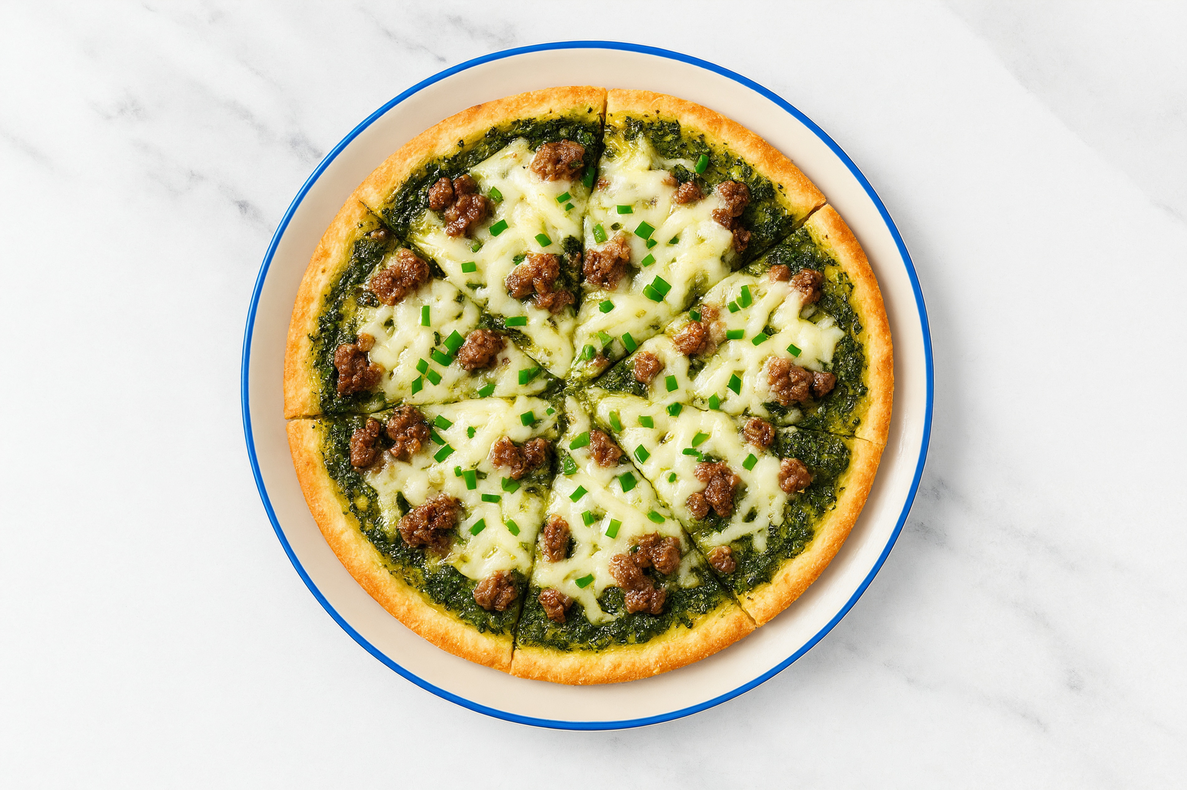 Super Green Ground Beef Pizza with "Mozzarella" + Fresh Chives