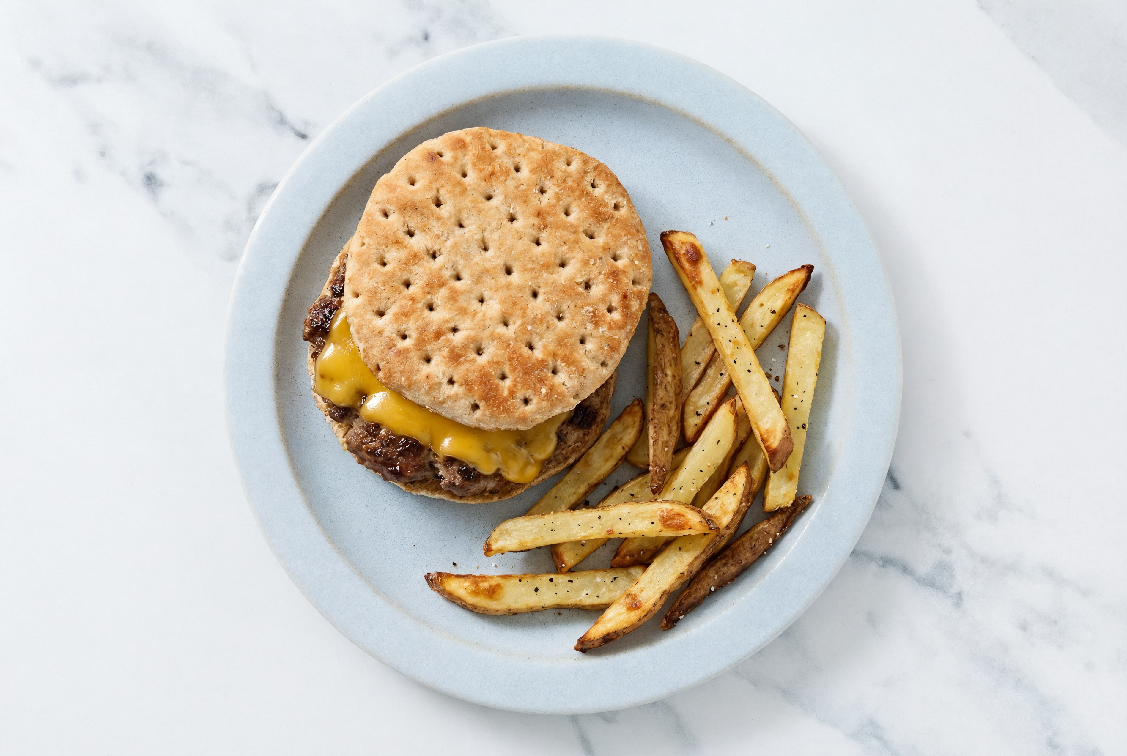 Beef Cheeseburger + Fries with Sharp Cheddar Bar