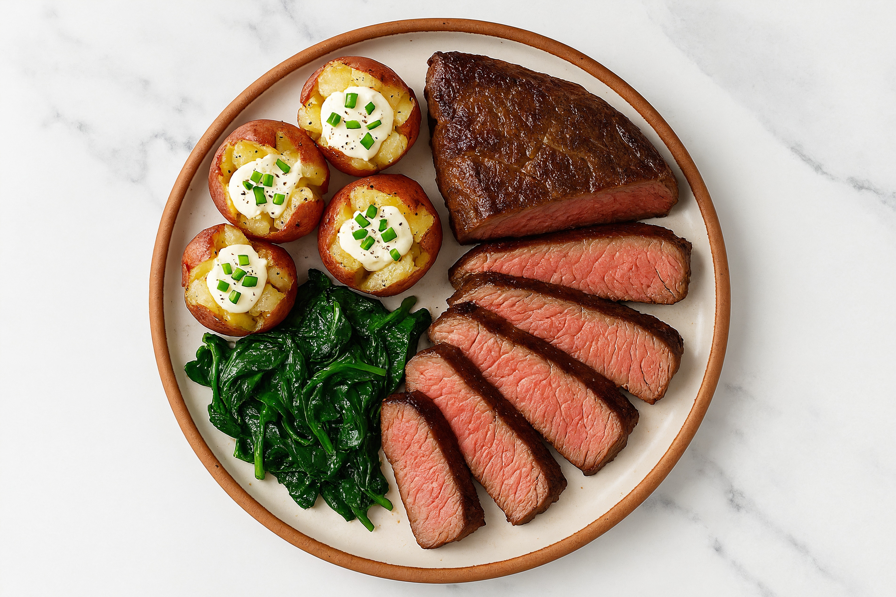  Beef Sirloin Steaks + Red Potatoes, Chives, Creme Fraiche + Baby Spinach