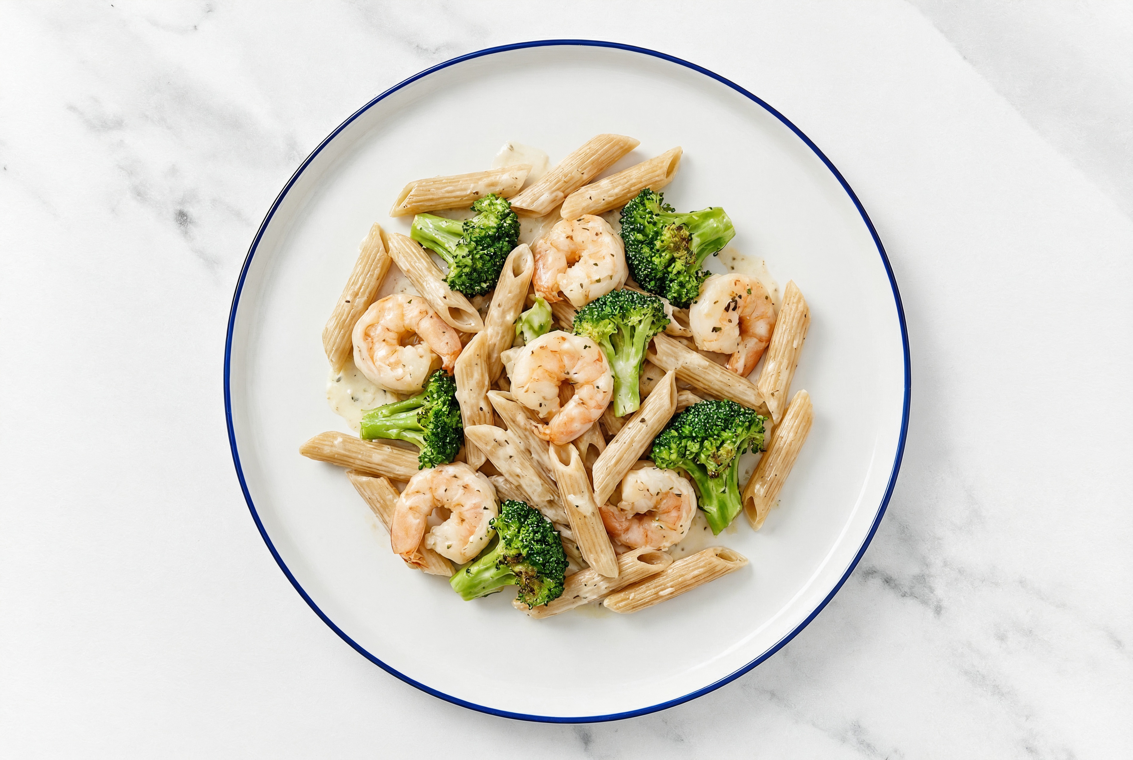 Creamy Garlic Jumbo Shrimp + Broccoli Pasta with Sourdough Penne Rigate