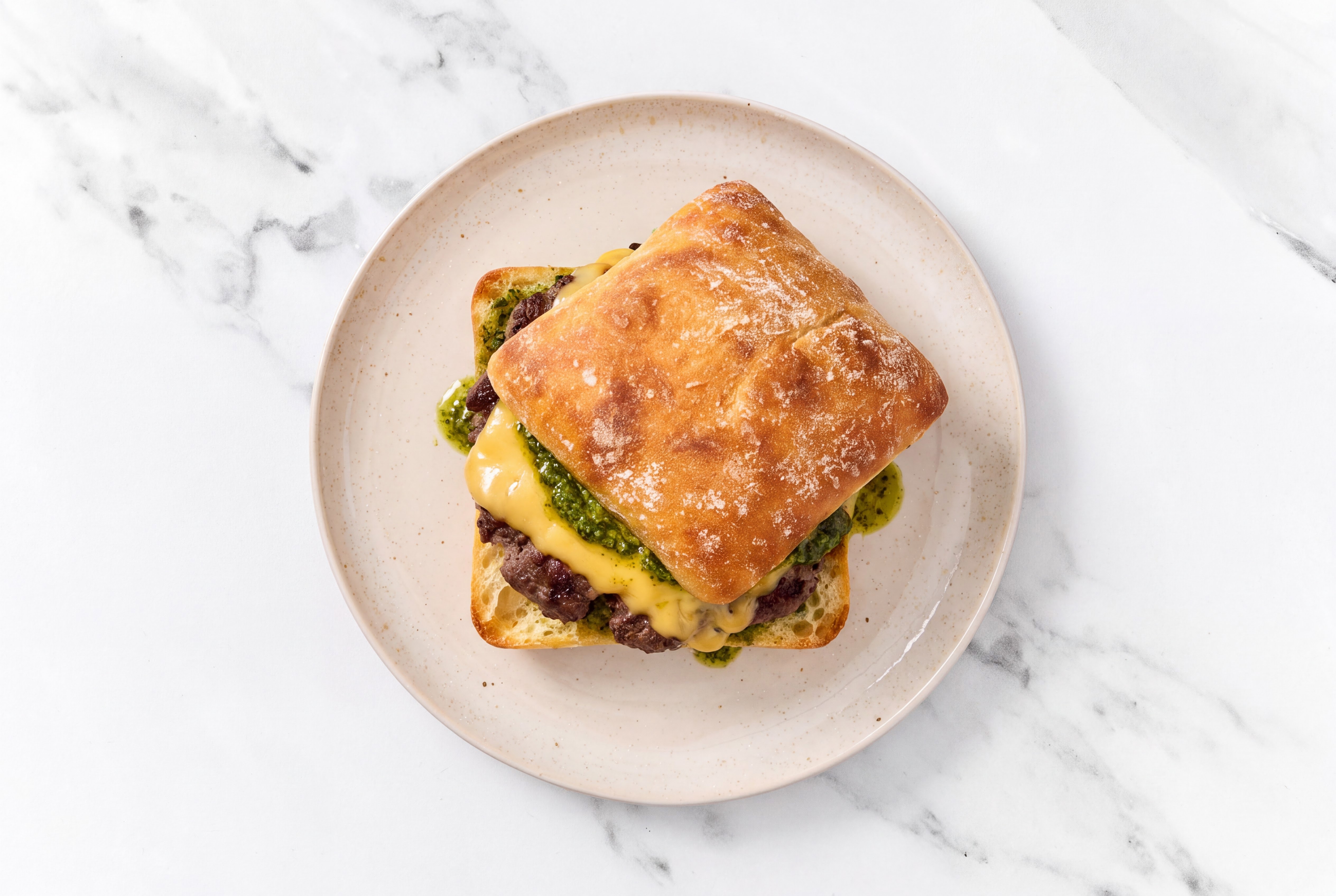 Bison Burger on Ciabatta with Spinach Pesto & American