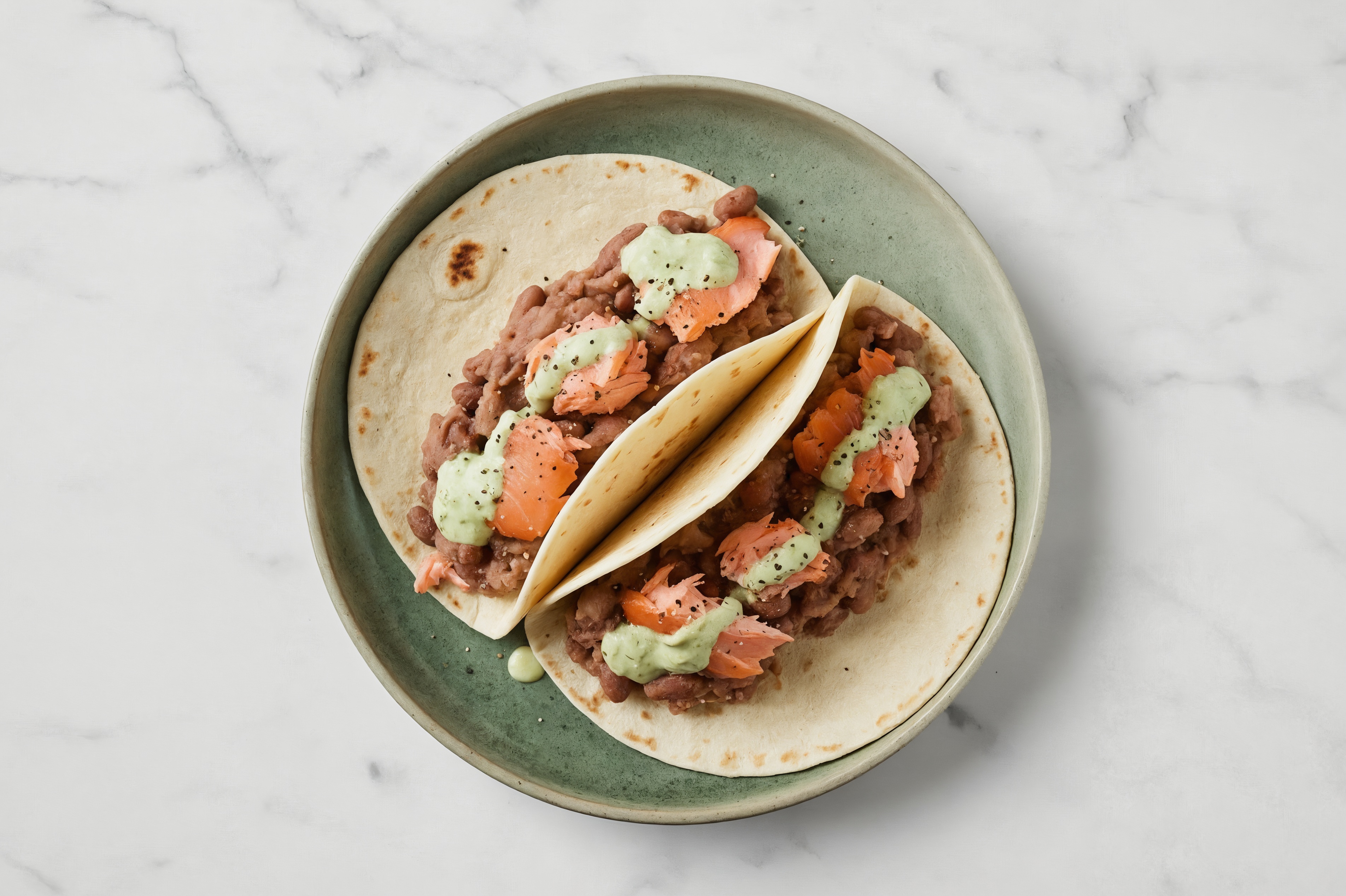  Refried Red Bean Tacos with Smoked Salmon & Jalapeño Crema