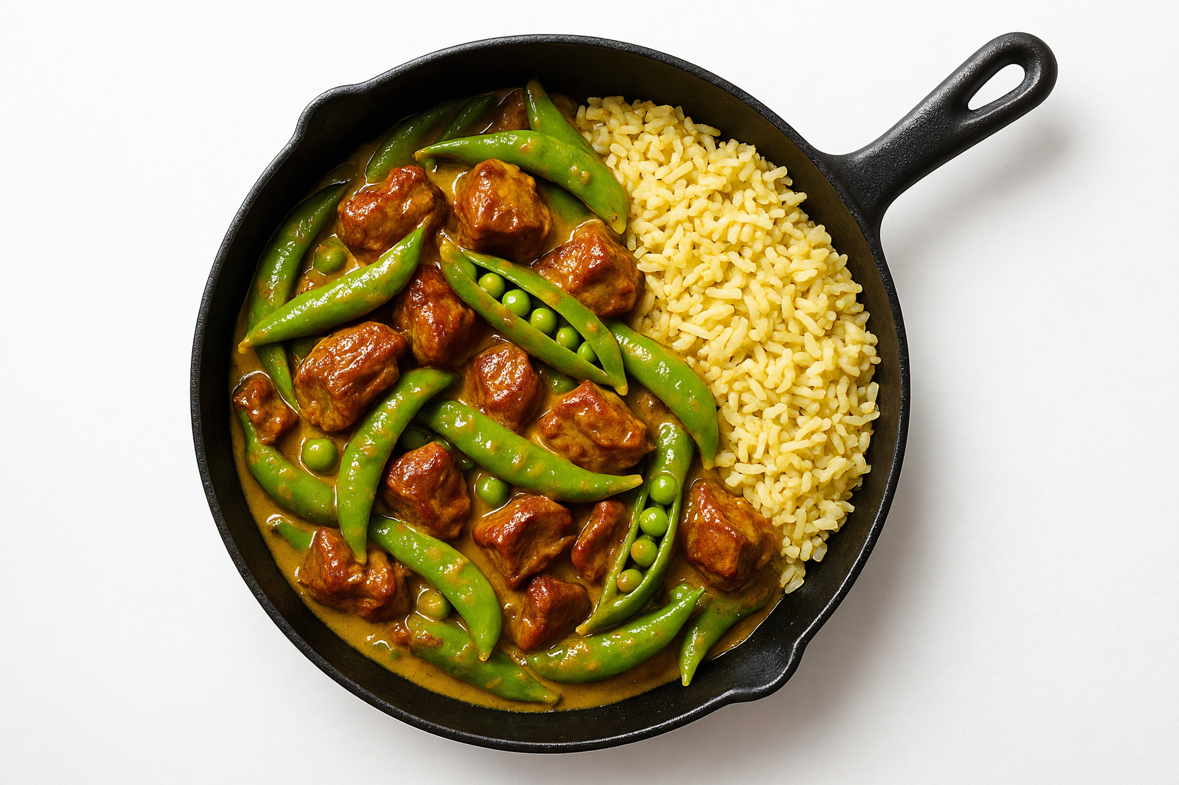 Coconut Curry Sirloin Tip Stir-Fry with Snap Peas over Jasmine Rice