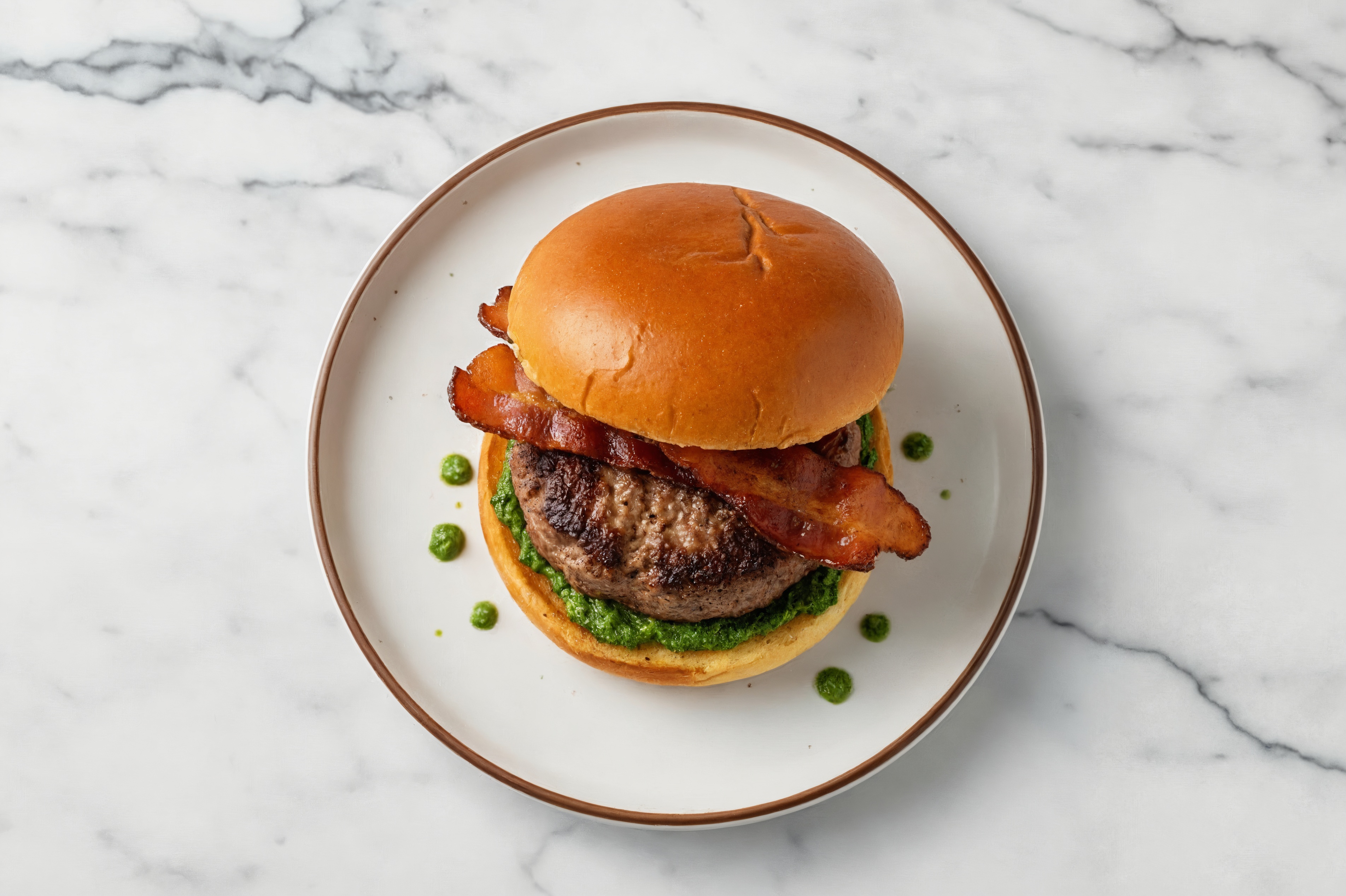 Lamb Burger on Brioche with Spinach Pesto & Turkey Bacon