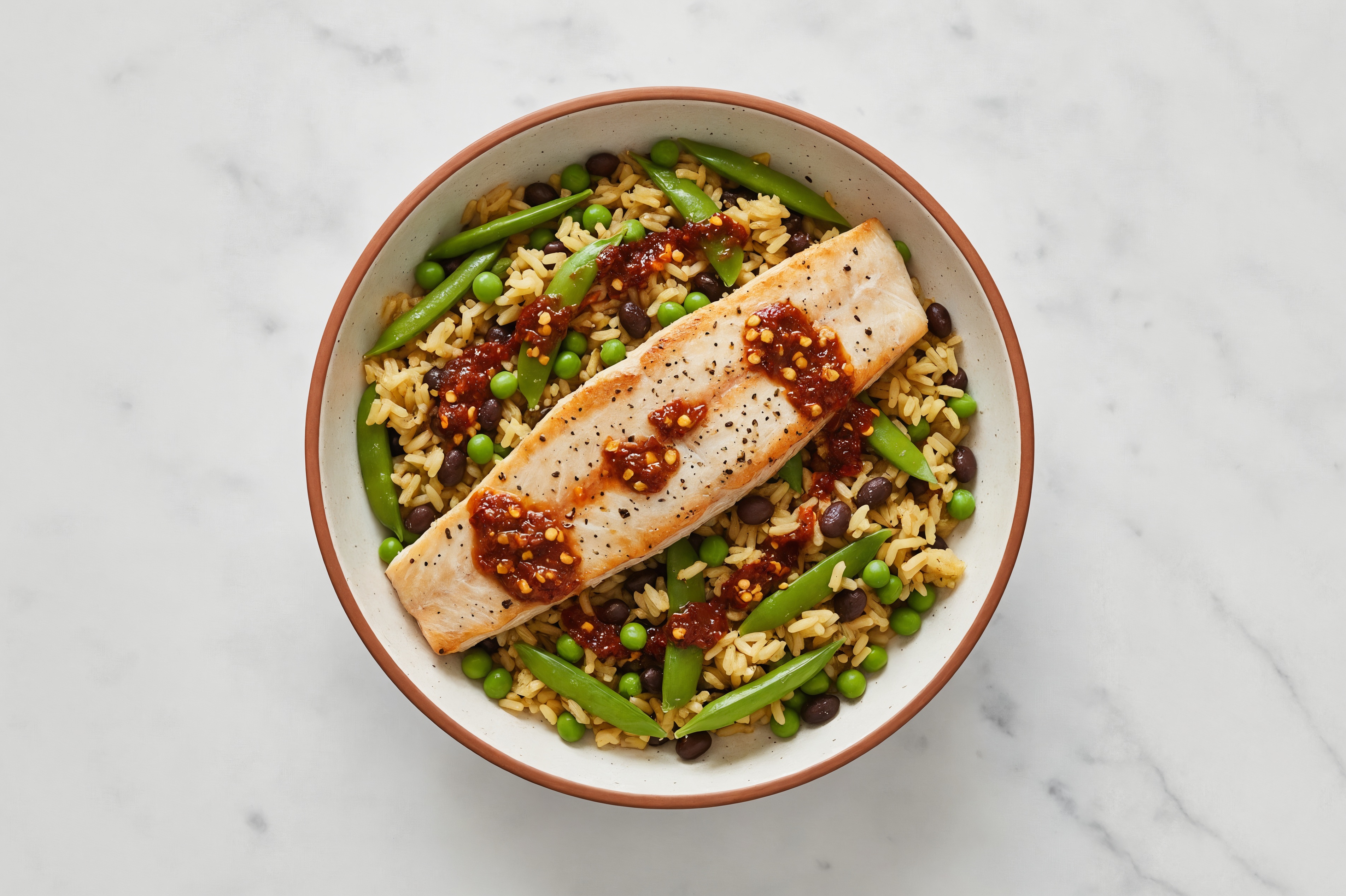 Chili Crisp Trout Rice with Beans Bowl