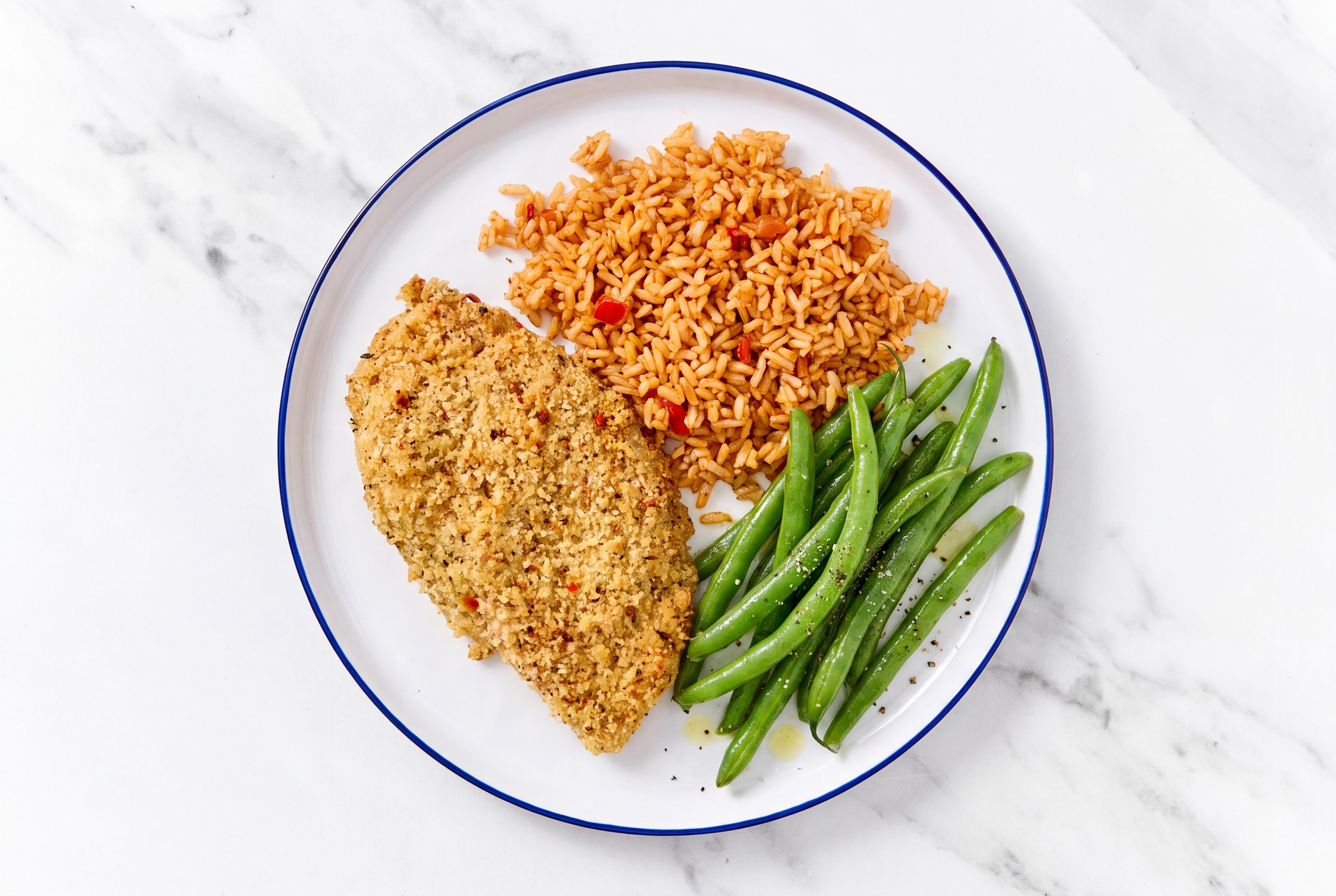 Parmesan Breaded Chicken Cutlet with Organic Green Beans & Mexican Rice
