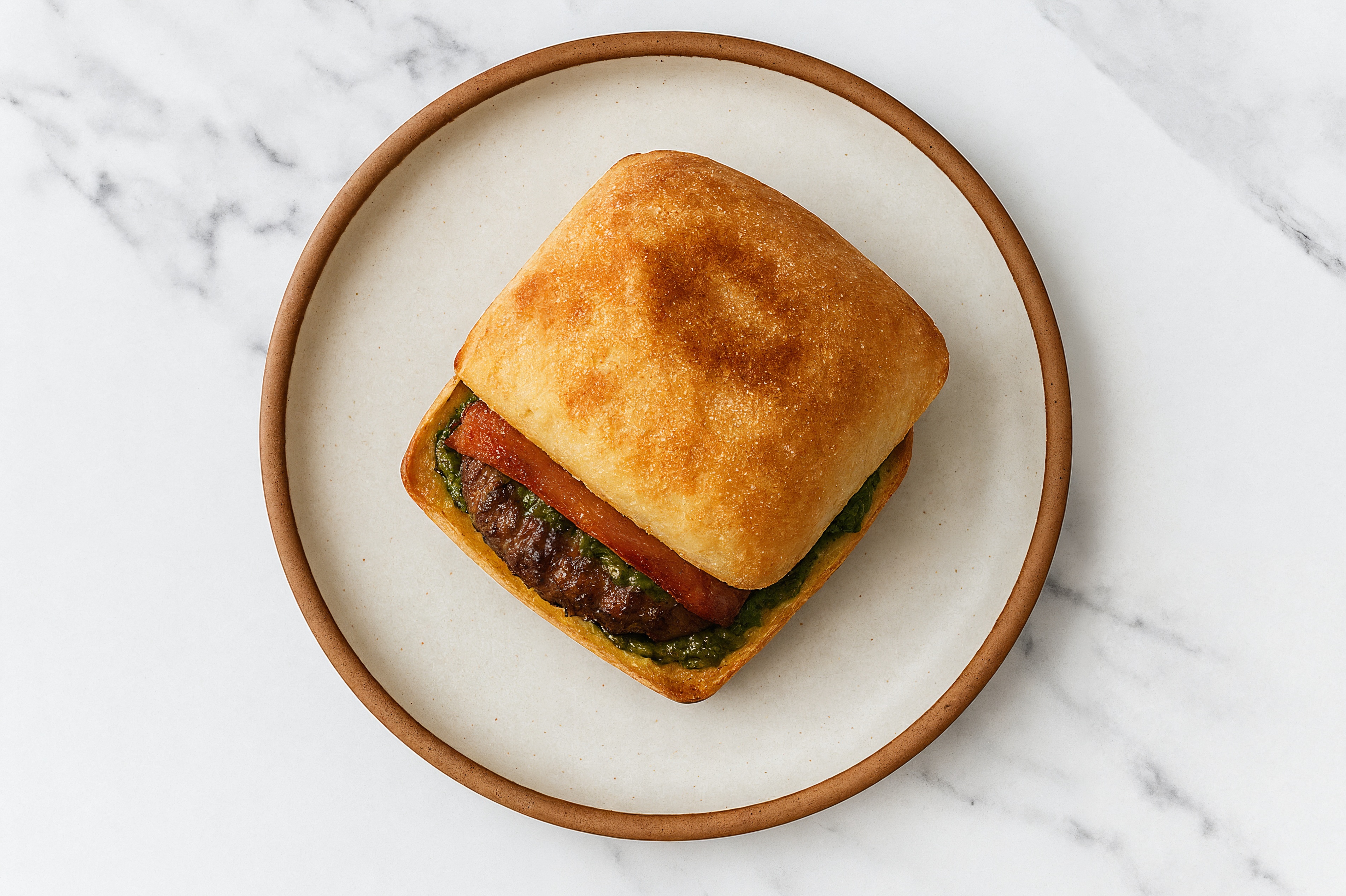 Bison Burger on Ciabatta with Spinach Pesto & Turkey Bacon