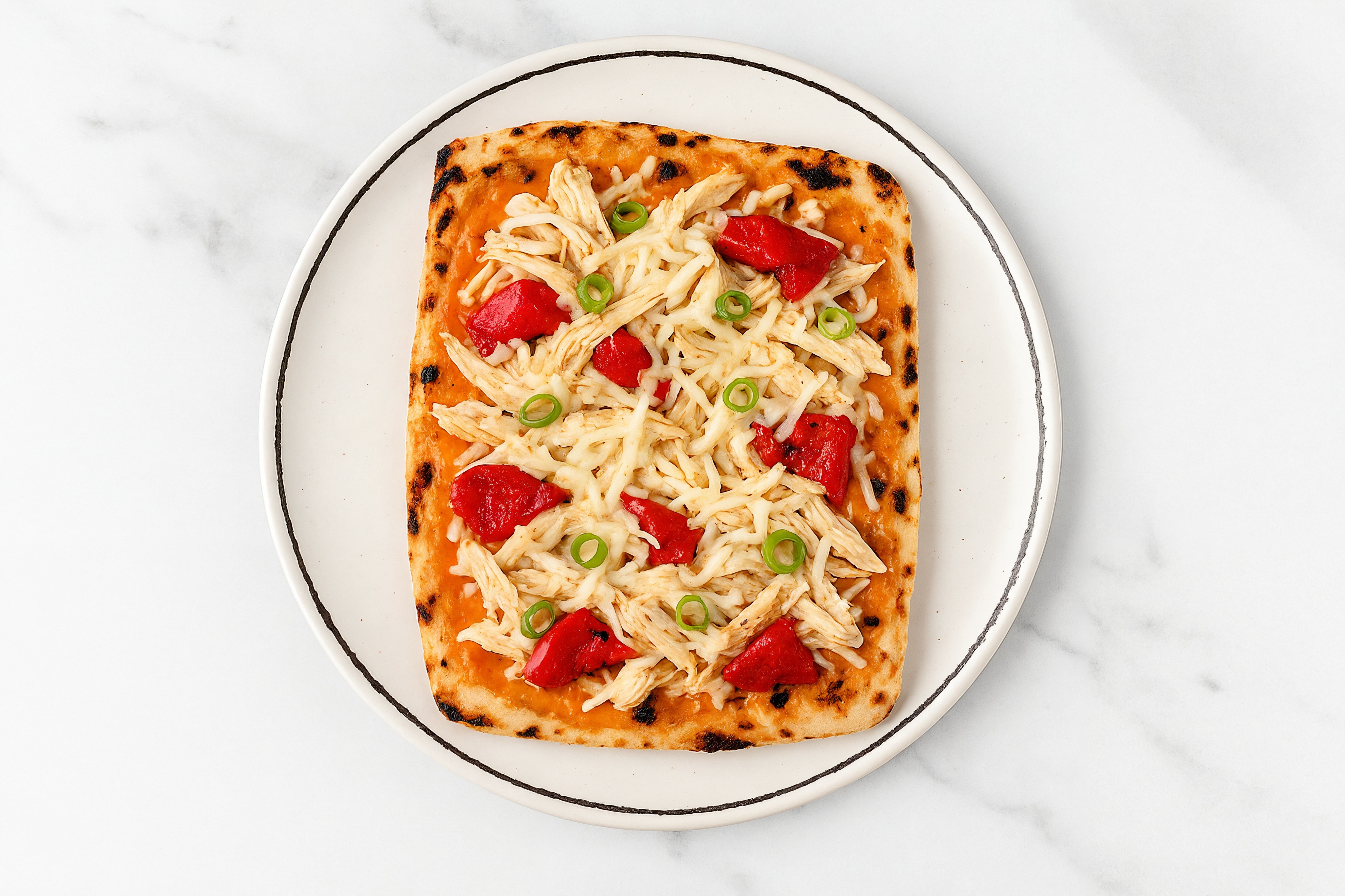 Creamy Pulled Chicken + Roasted Bell Pepper Pizza with Scallions
