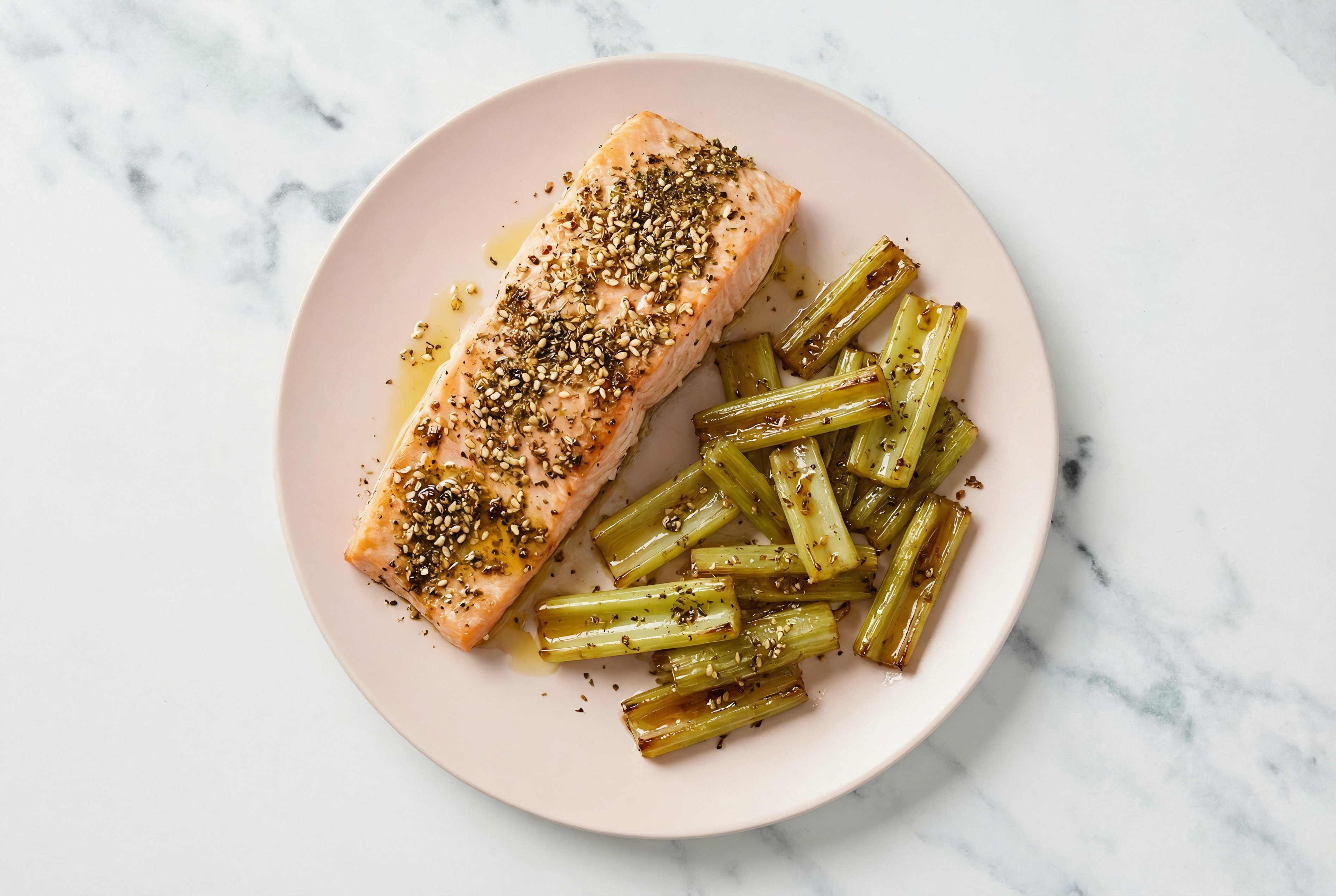 Za'atar Roasted Salmon + Spiced Honey Glazed Celery