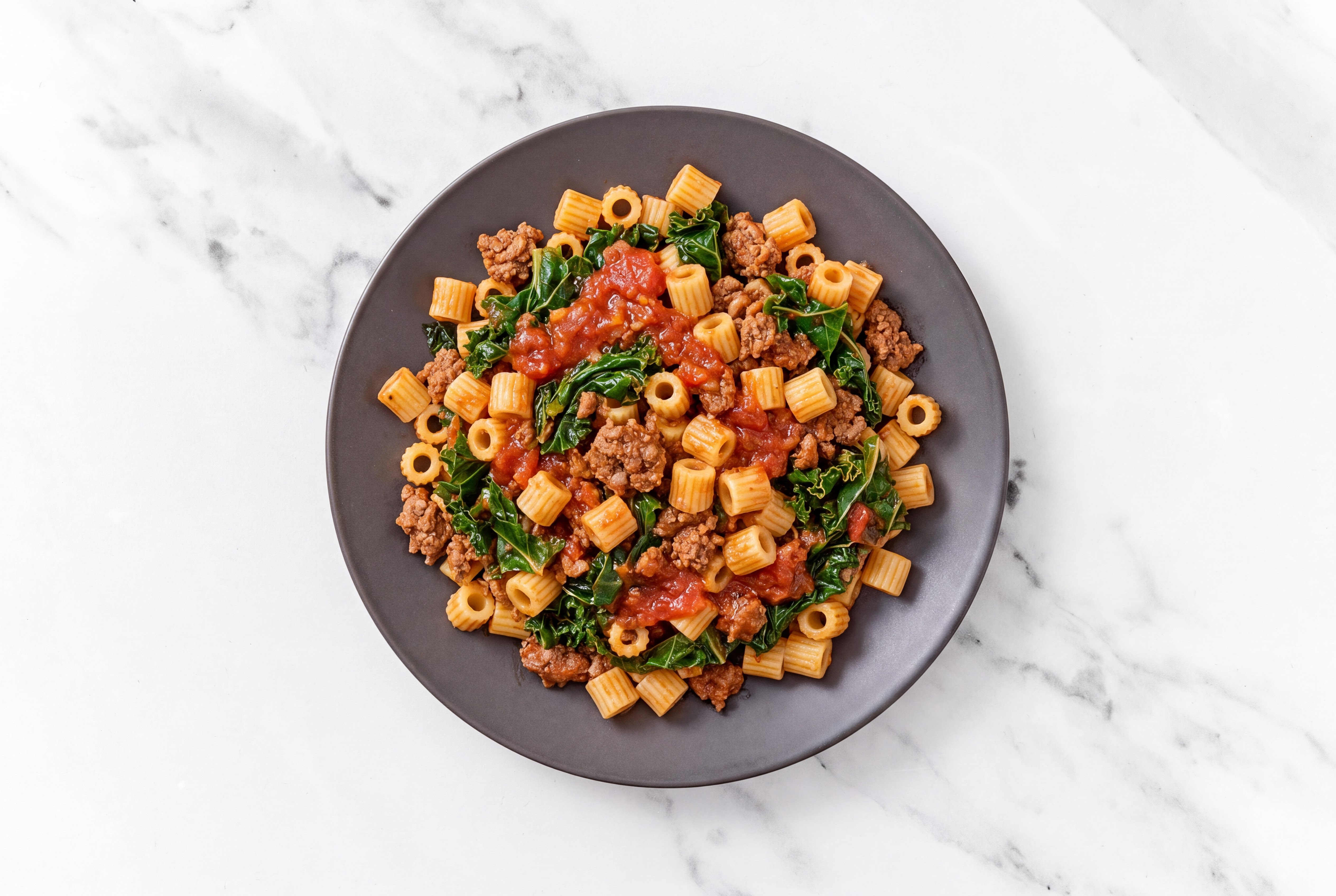 Marinara Tubetti Rigati Pasta with 93/7 Lean Ground Beef + Kale