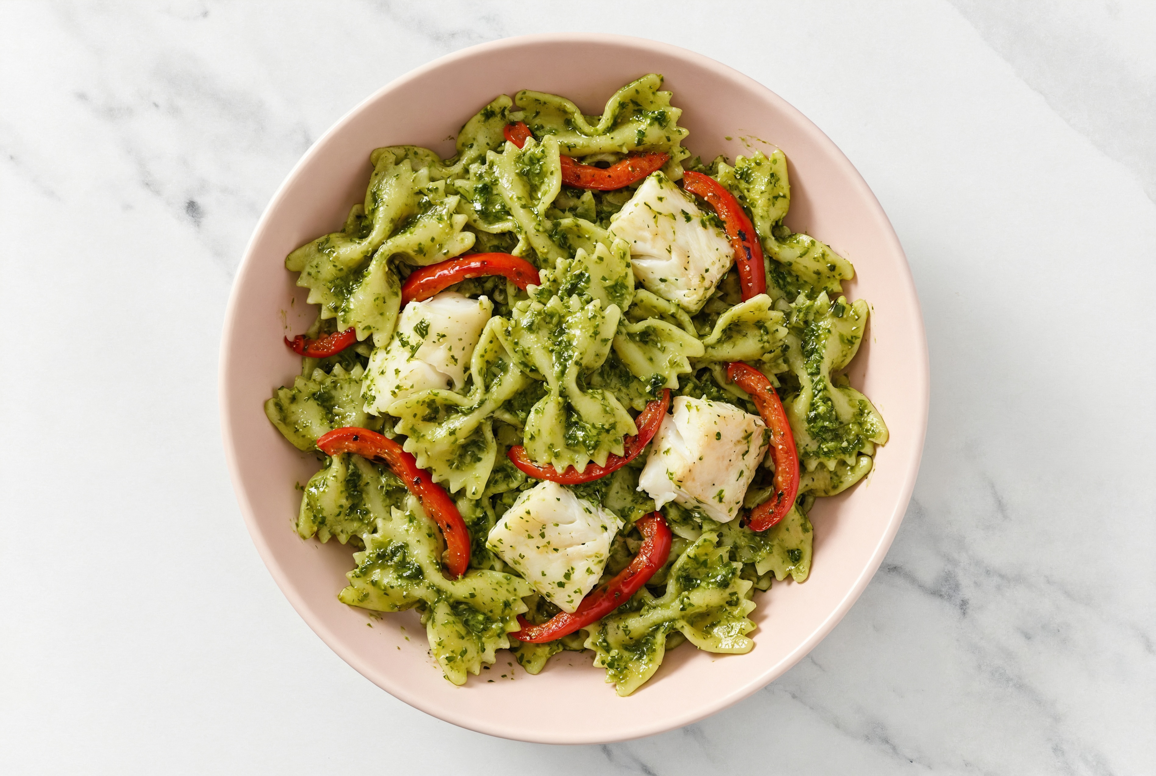 Super Green Halibut Farfalle Pasta with Roasted Peppers