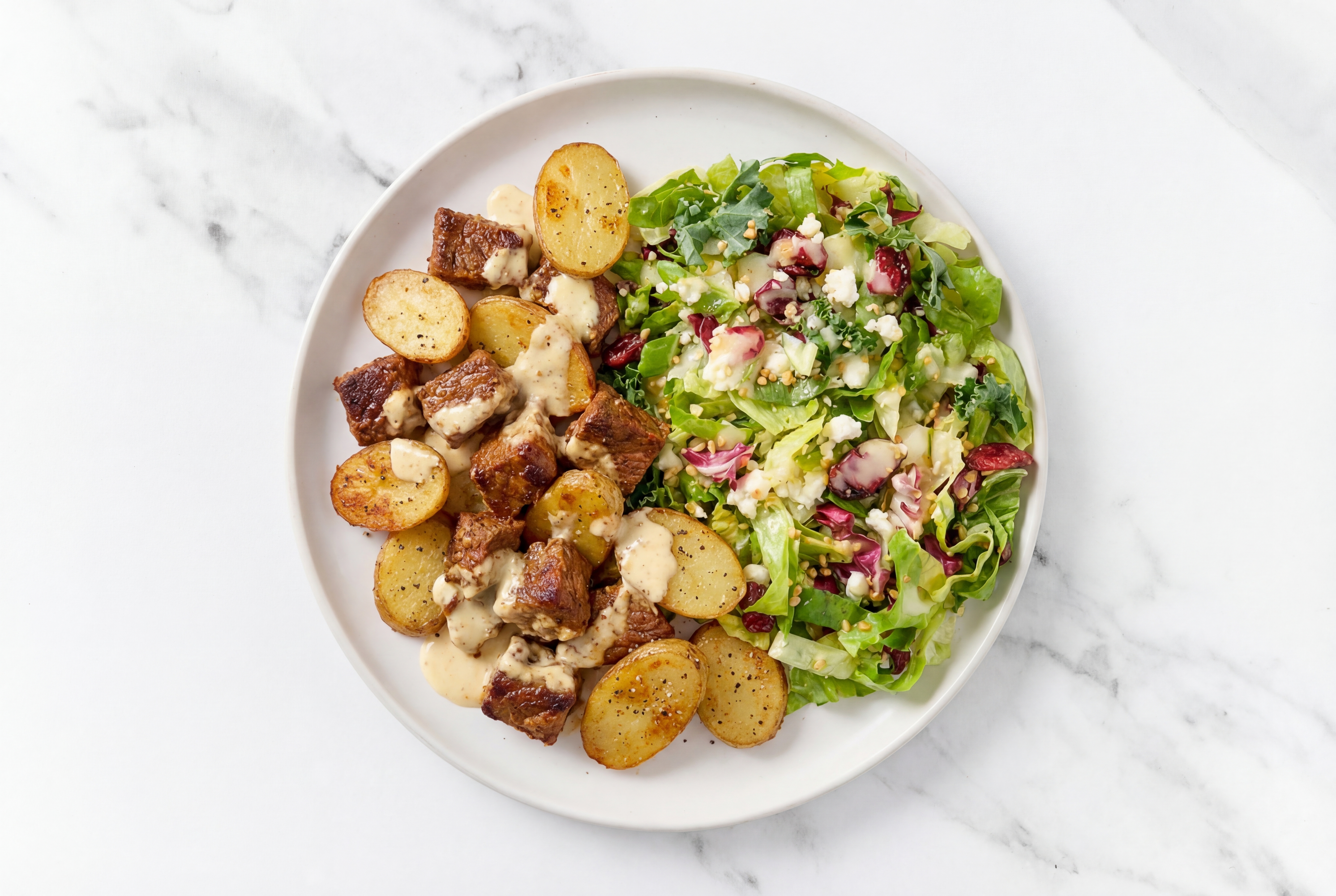 Horseradish Baked Flank & Fingerling Potatoes with Honey Citrus Salad
