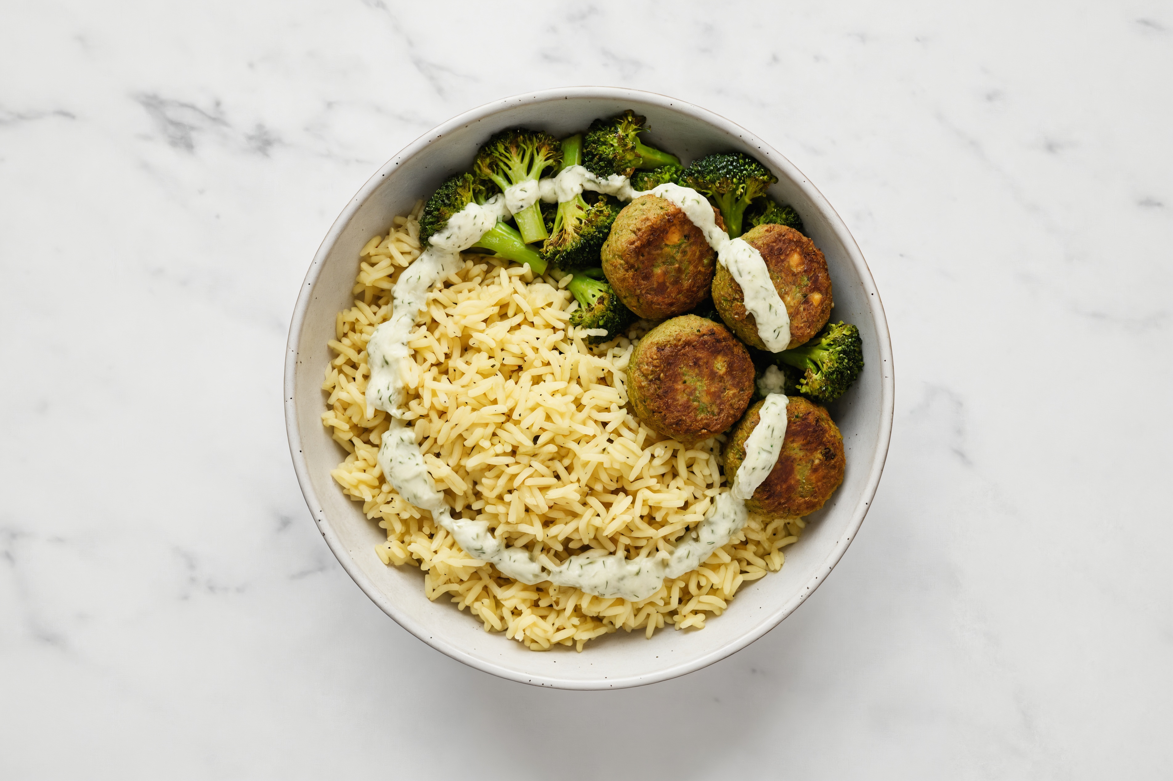 Extra Dill Falafel Rice Bowl with Broccoli Florets