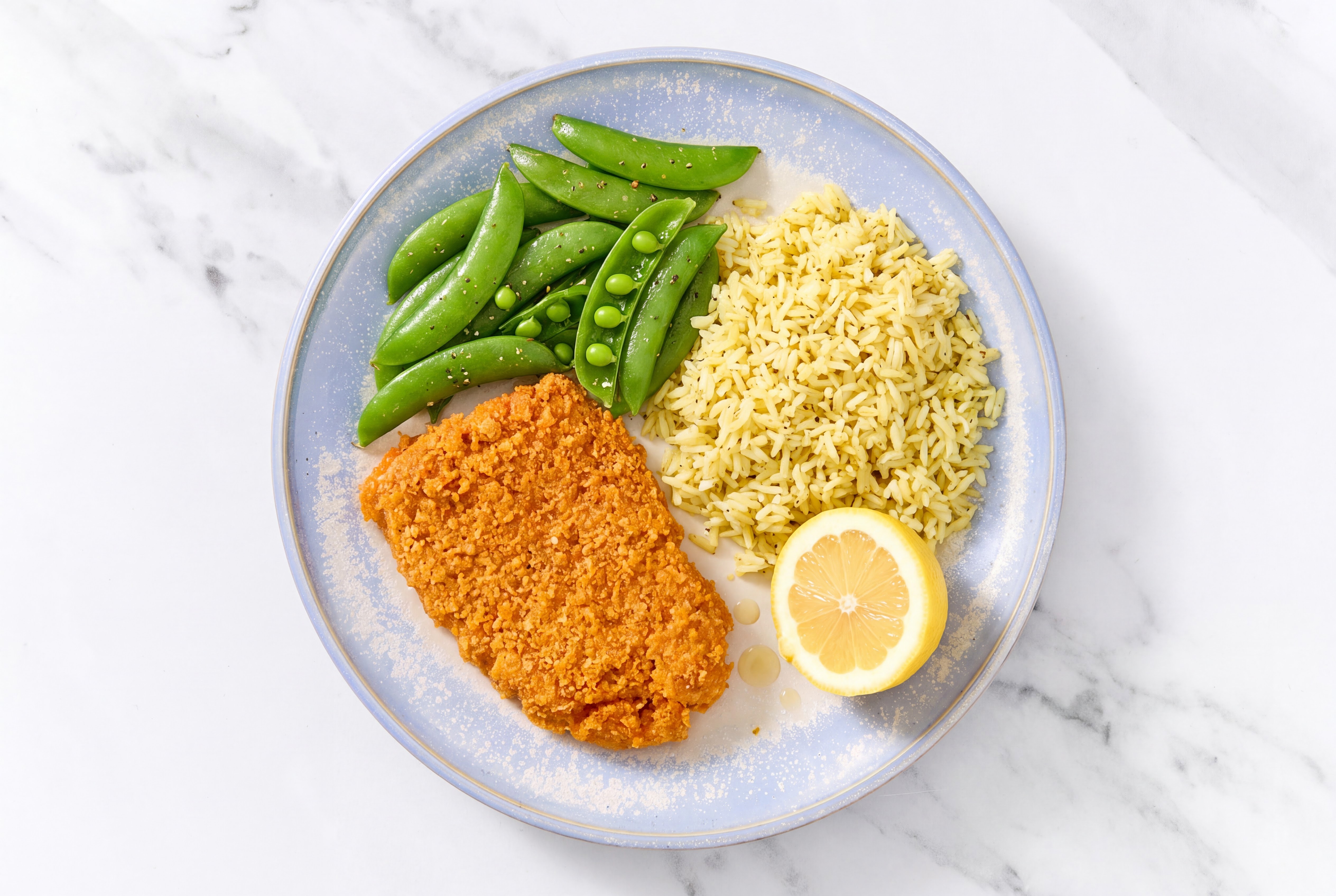 Lemon Hot Honey Breaded Chicken Cutlet with Snap Peas & Jasmine Rice
