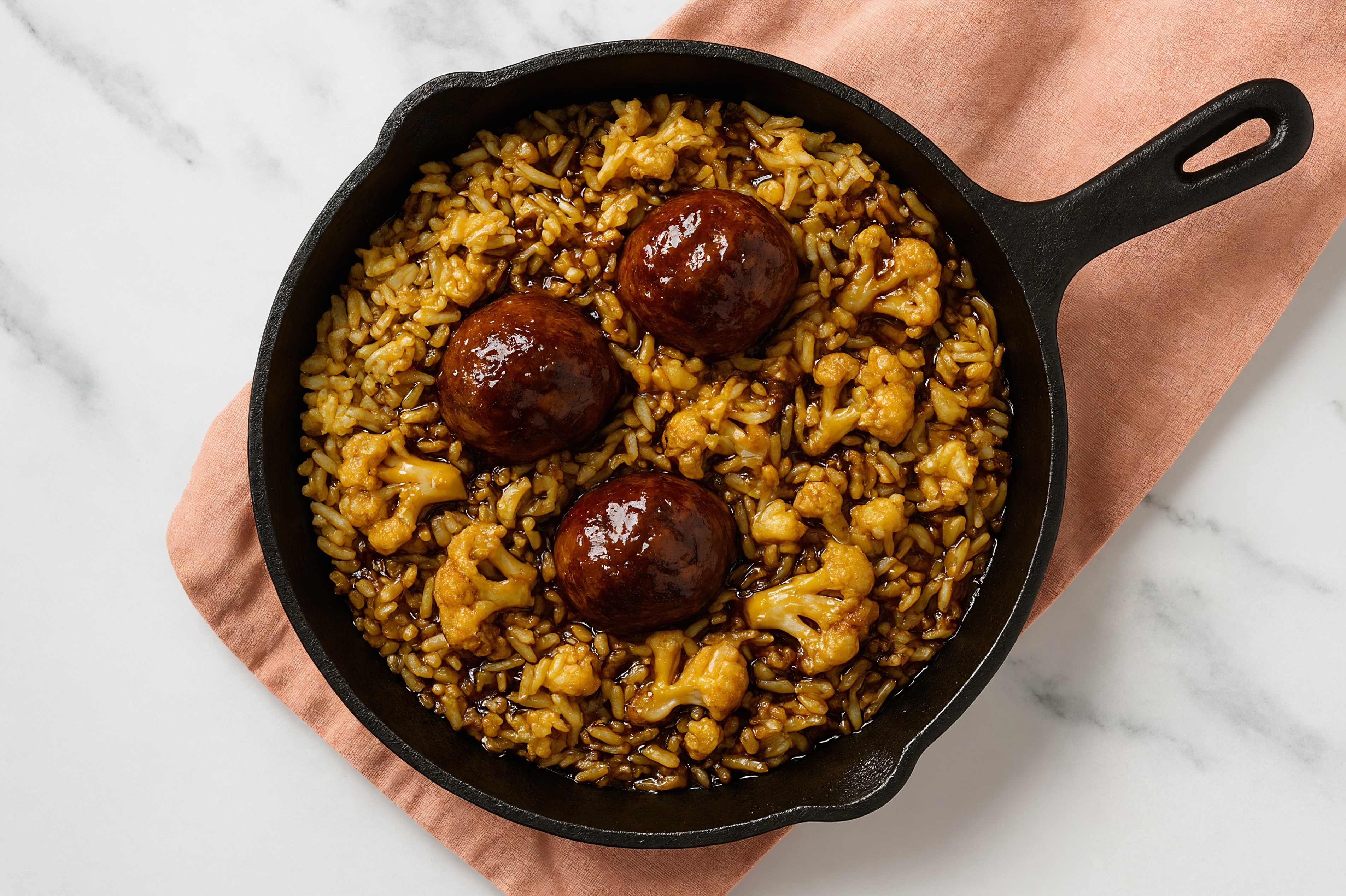 Japanese BBQ Meatball Stir-Fry with Cauliflower Florets over Jasmine Rice