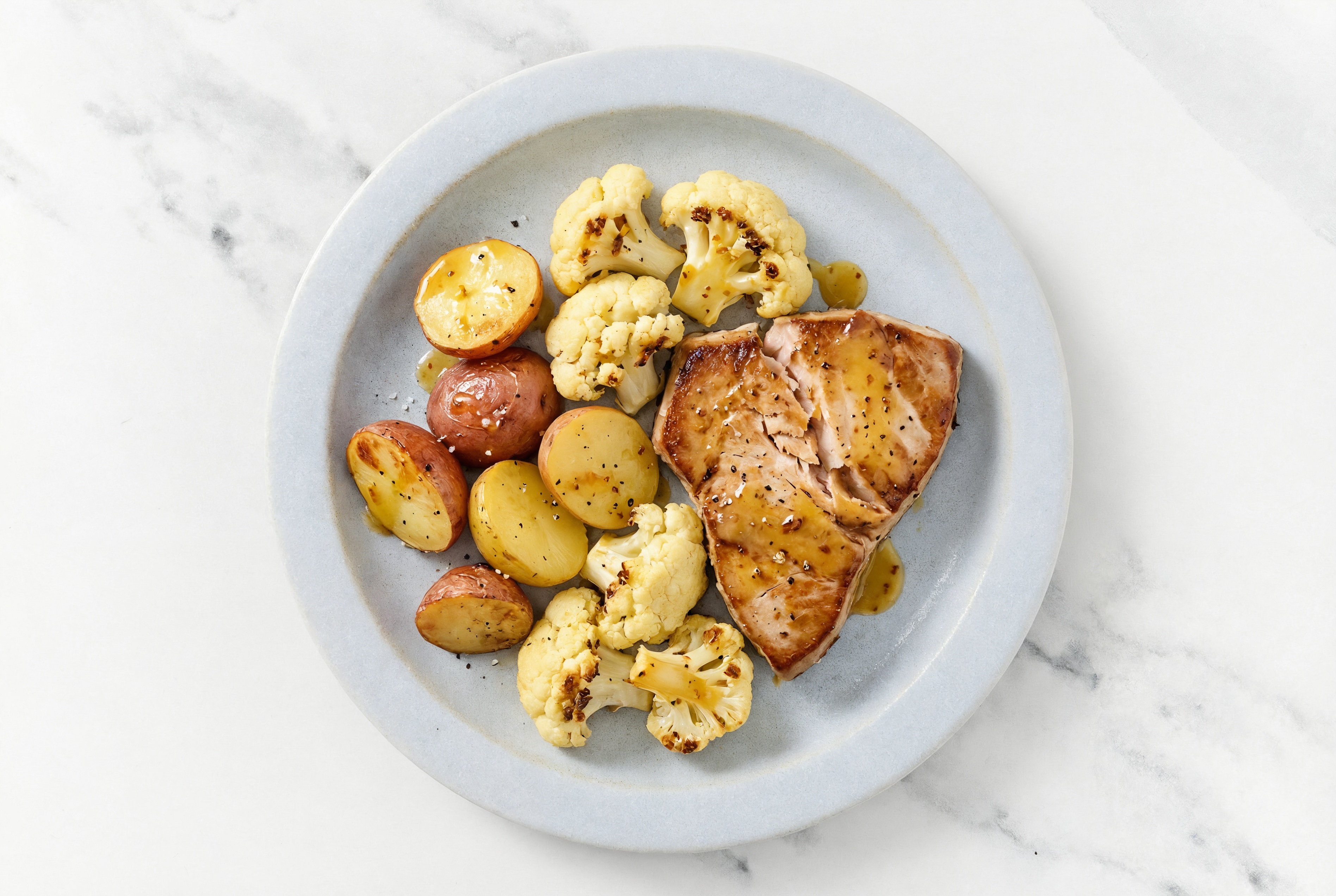 Sheet Pan Honey Mustard-Tuna with Potatoes & Cauliflower