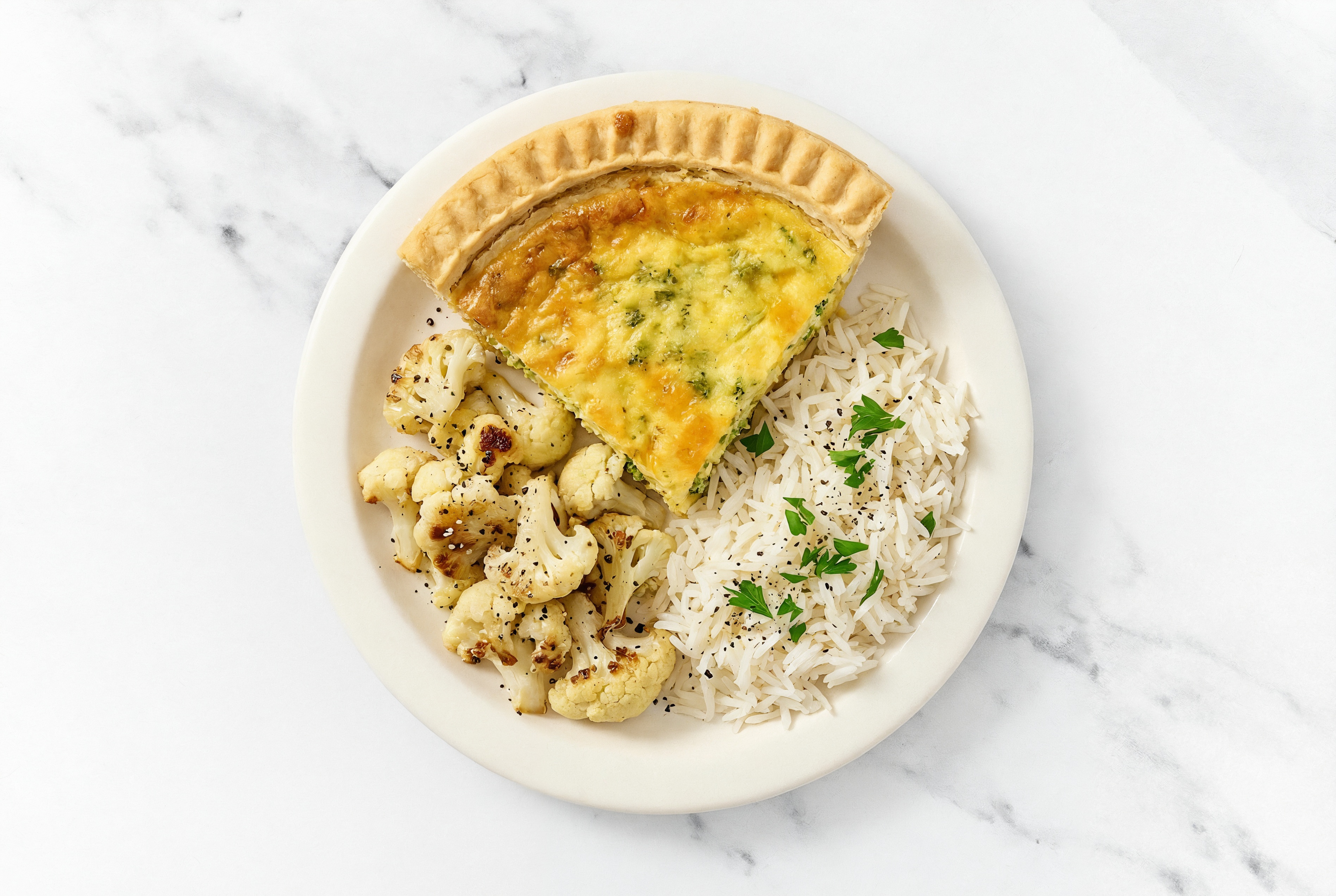 Broccoli & Cheddar Quiche with Cauliflower Florets & White Rice
