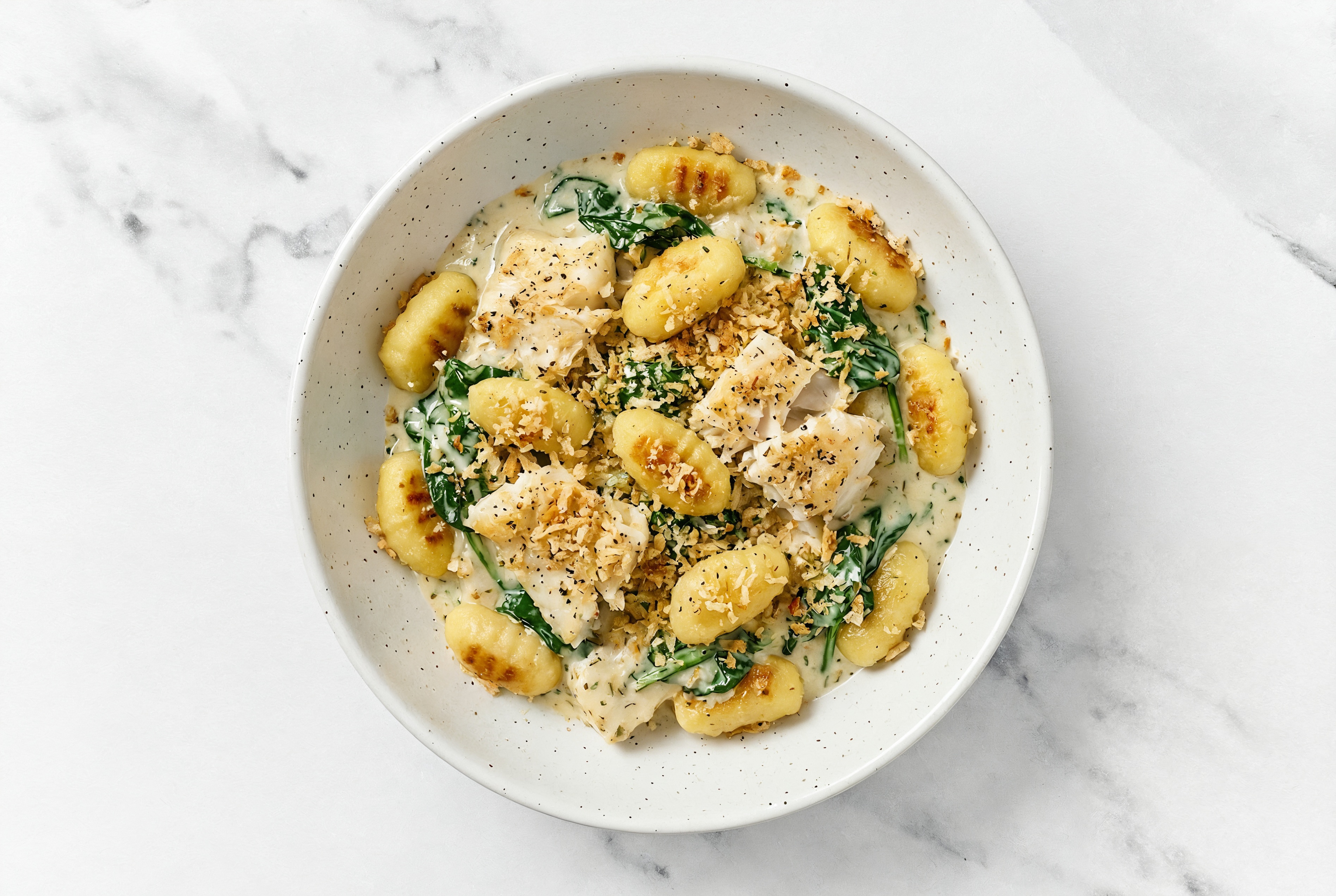 Herby Cod Gnocchi with Baby Spinach + Toasted Panko