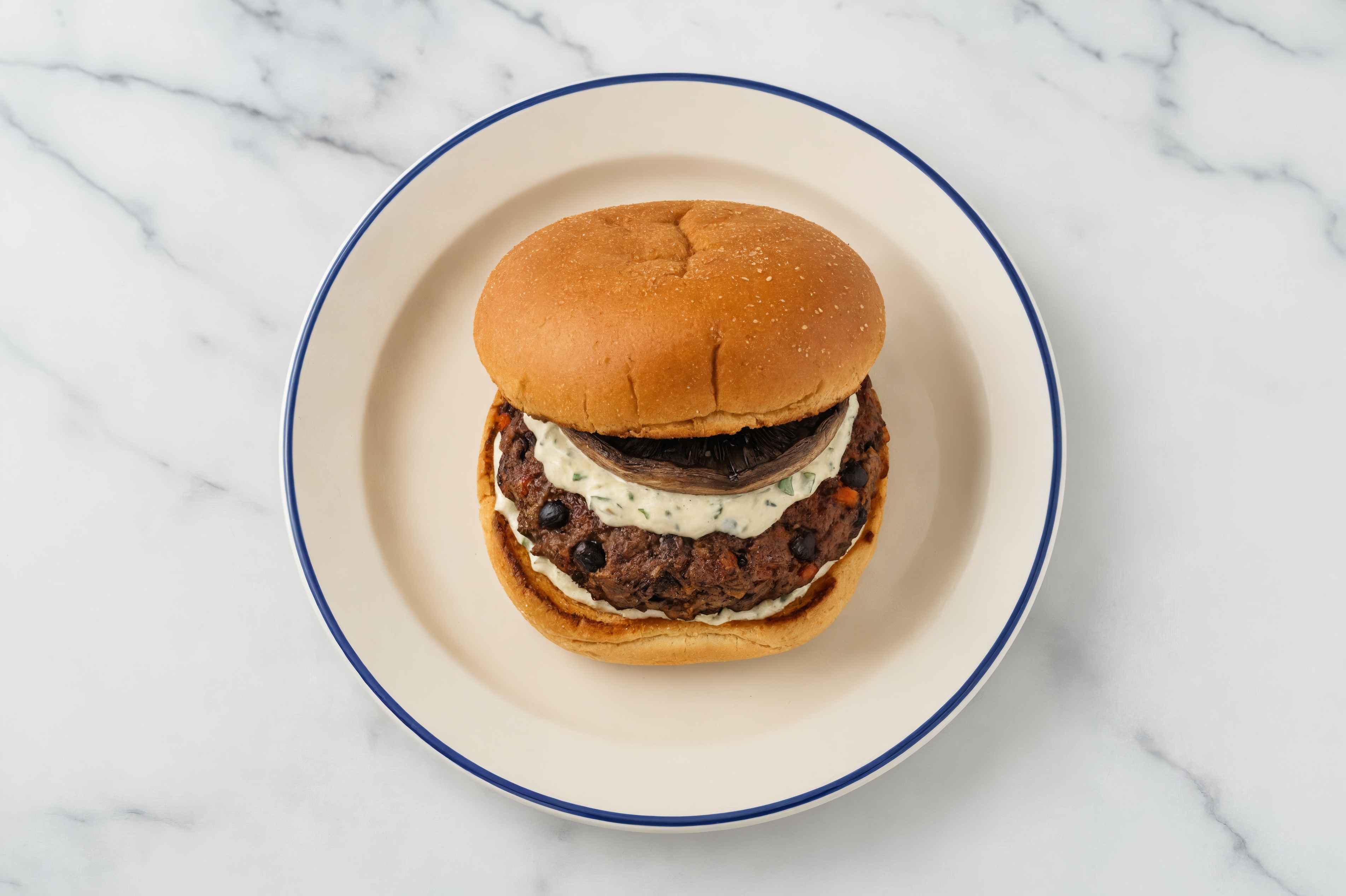 Portabella Black Bean Burger on GF Bun with Garlic Sauce