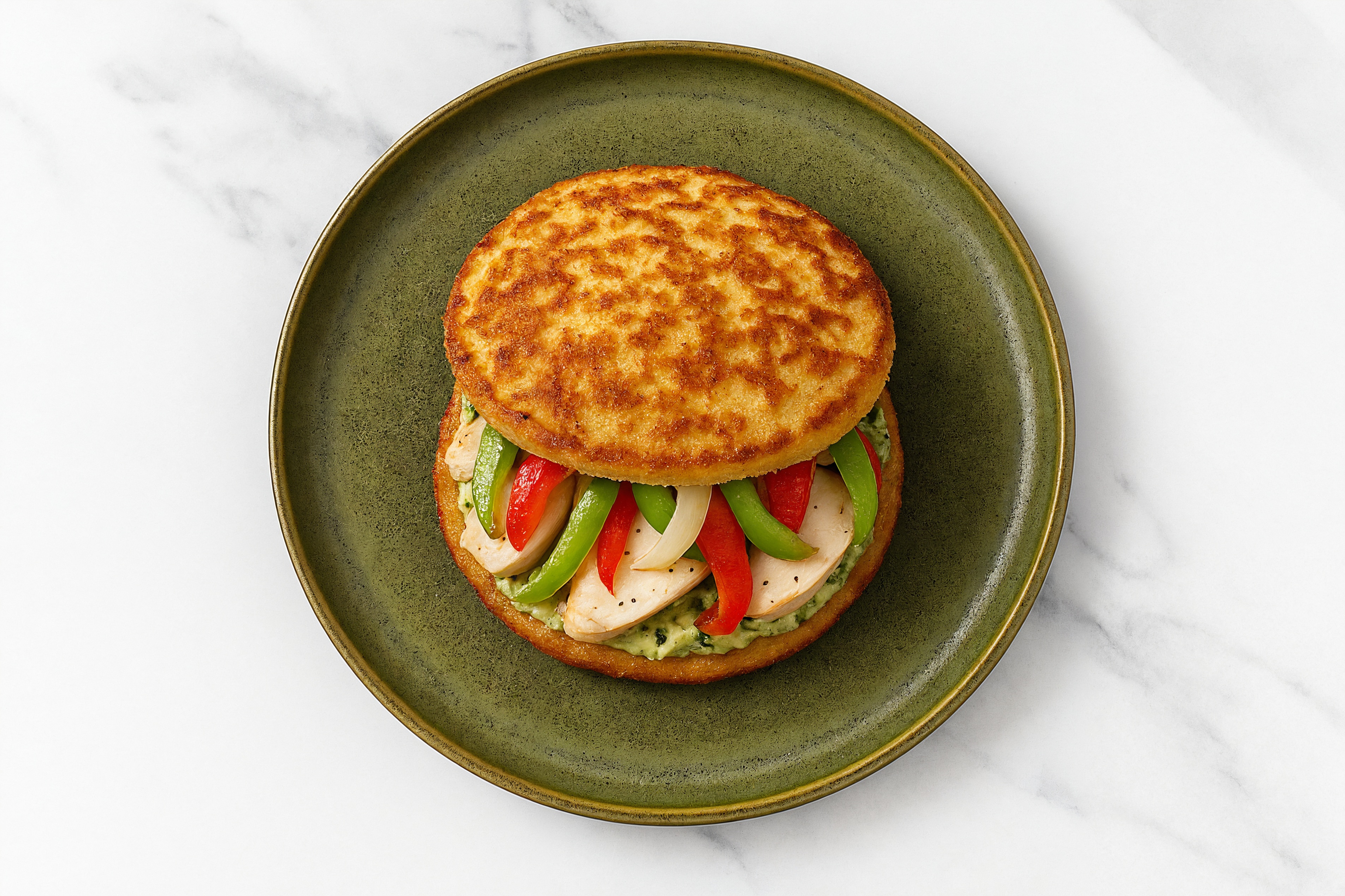 Creamy Artichoke Roasted Chicken Sandwich with Peppers + Onion on Cauliflower Rounds