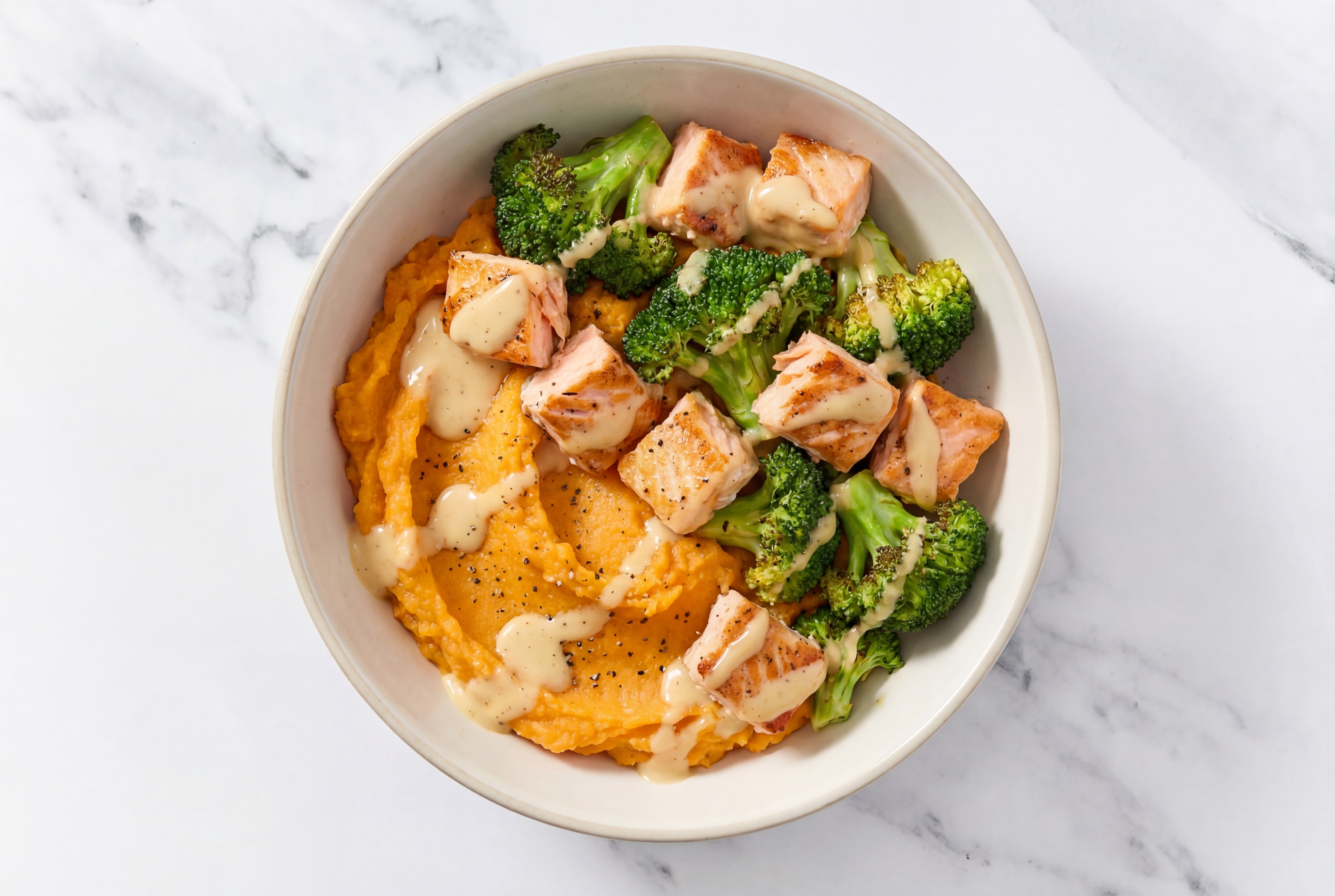Creamy Miso Salmon Sweet Potato Bowl with Broccoli Bunches