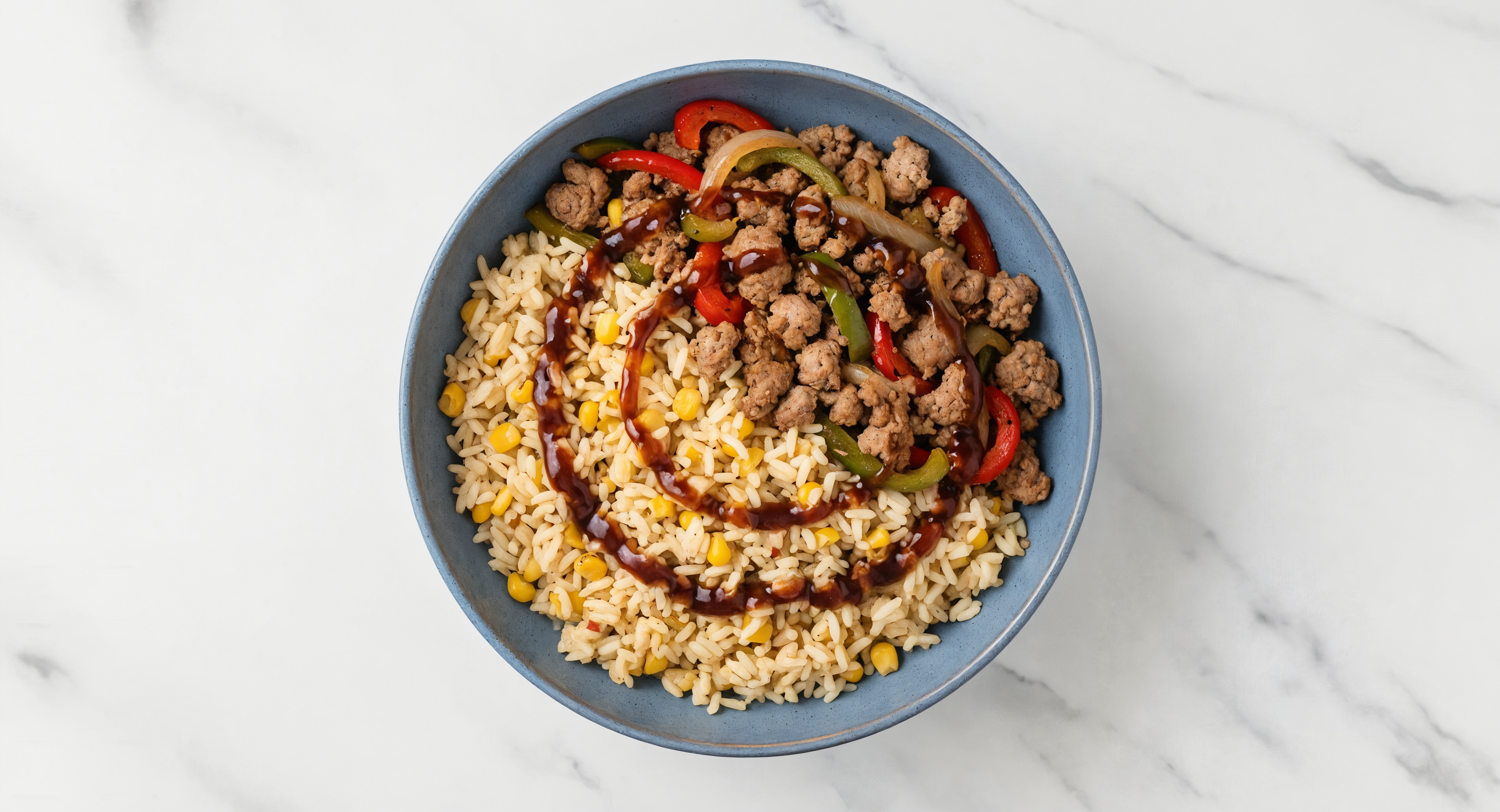 Sweet Teriyaki Ground Lamb + Corn Rice Bowl with Bell Peppers