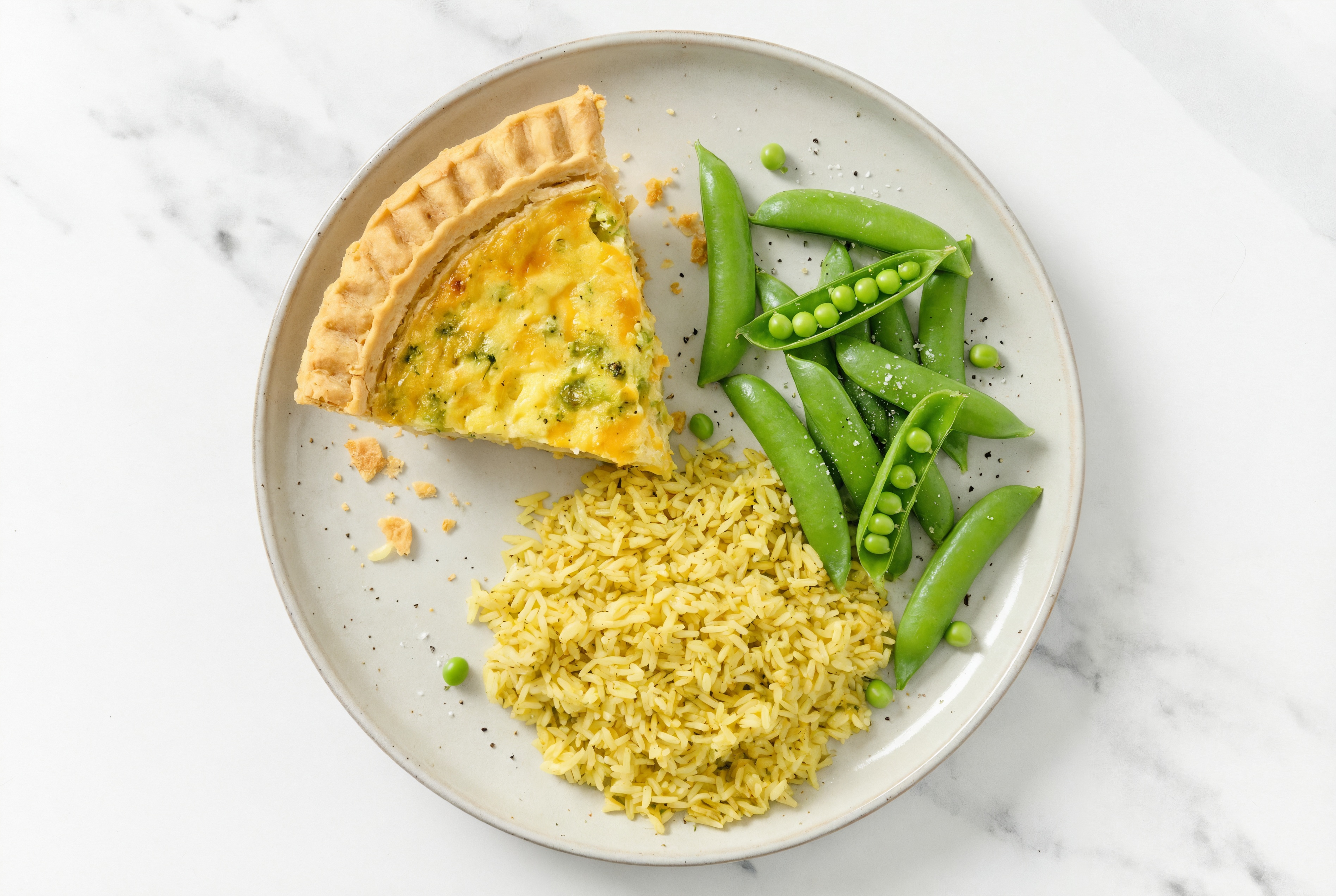 Broccoli & Cheddar Quiche with Snap Peas & Jasmine Rice