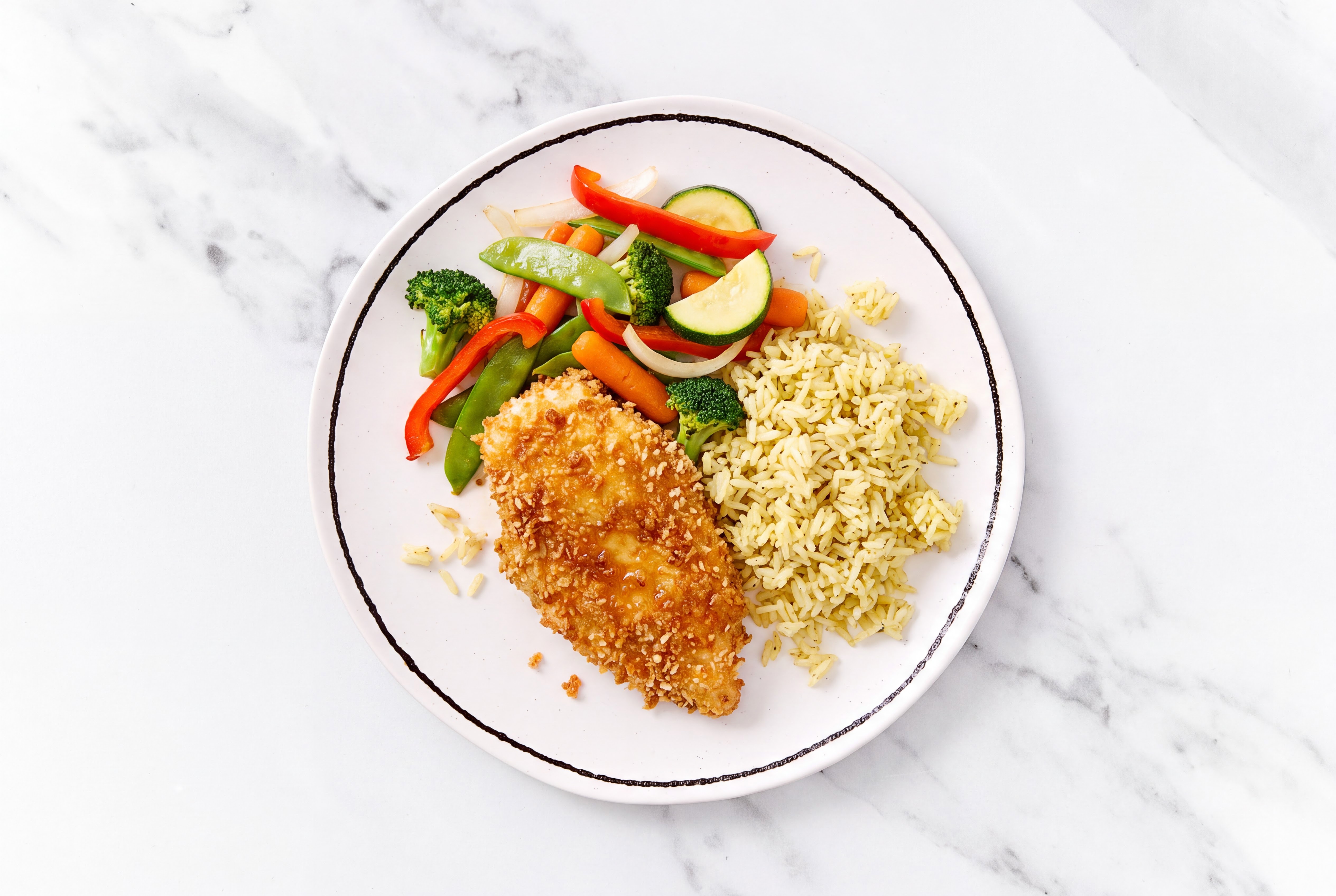 Hot Honey Breaded Chicken Cutlet with Mixed Veggies & Jasmine Rice