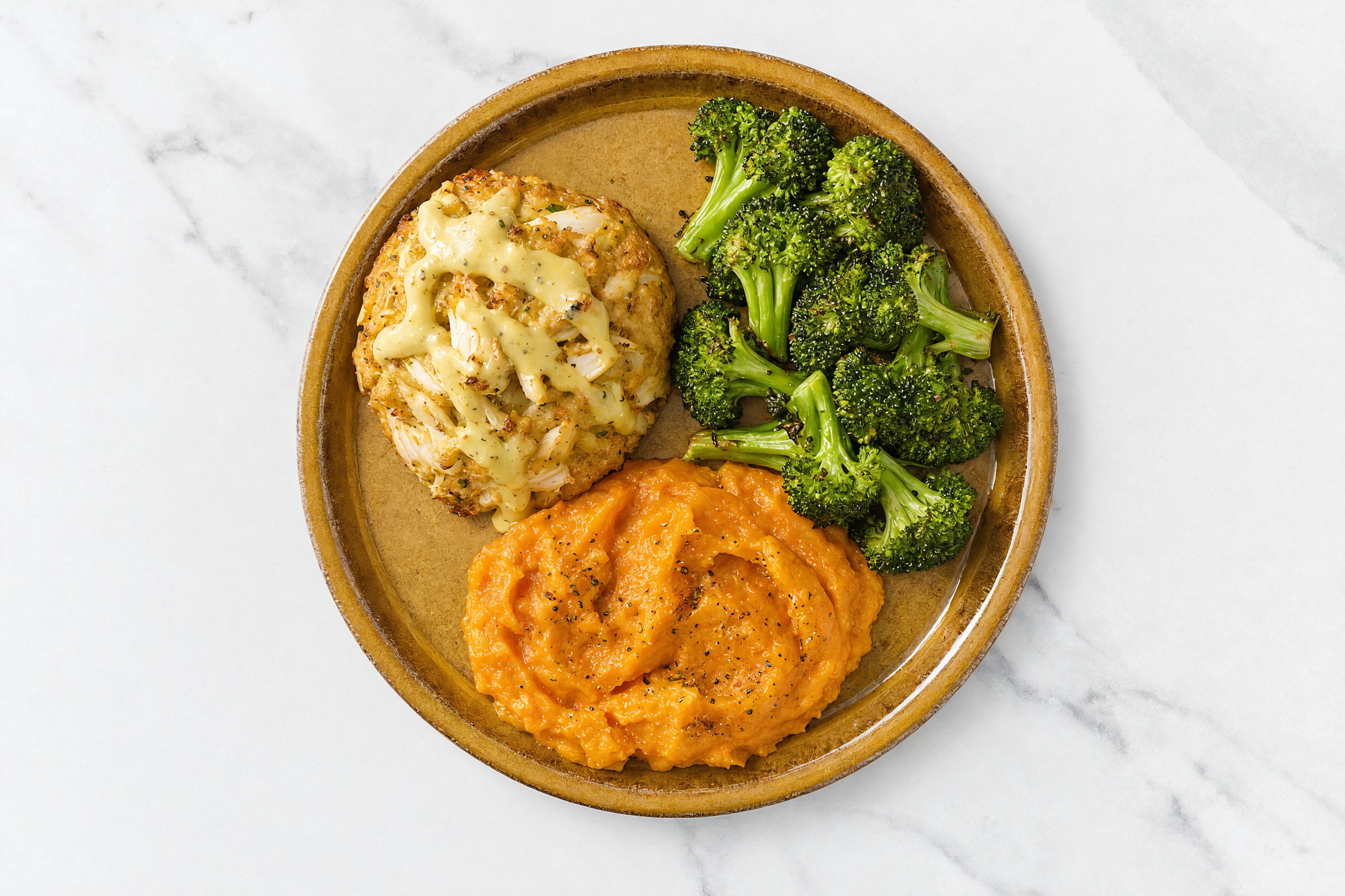 Honey Mustard Jumbo Lump Crab Cakes with Sweet Potato Mash