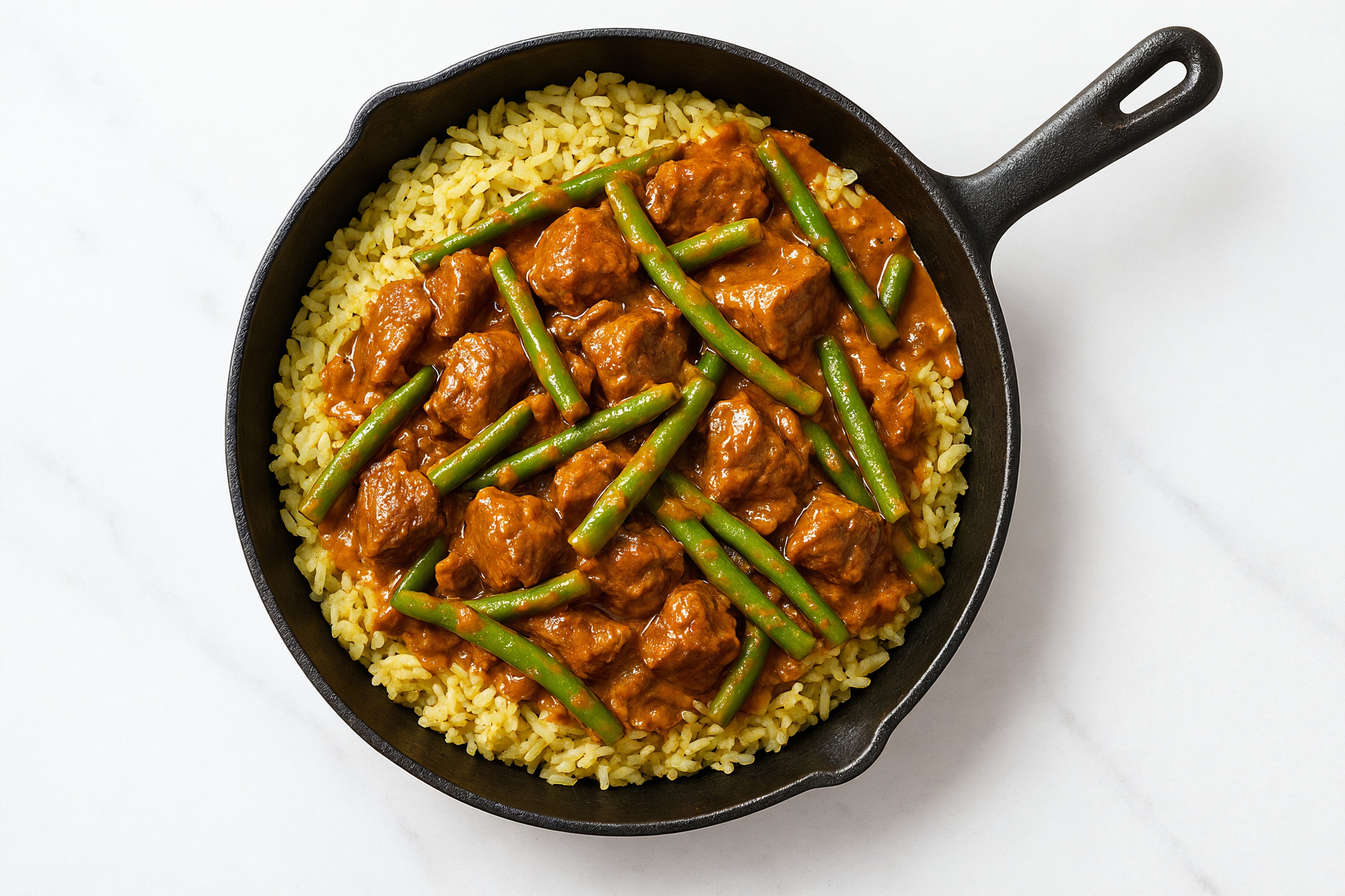 Tikka Masala Sirloin Tip Stir-Fry with Green Beans over Jasmine Rice
