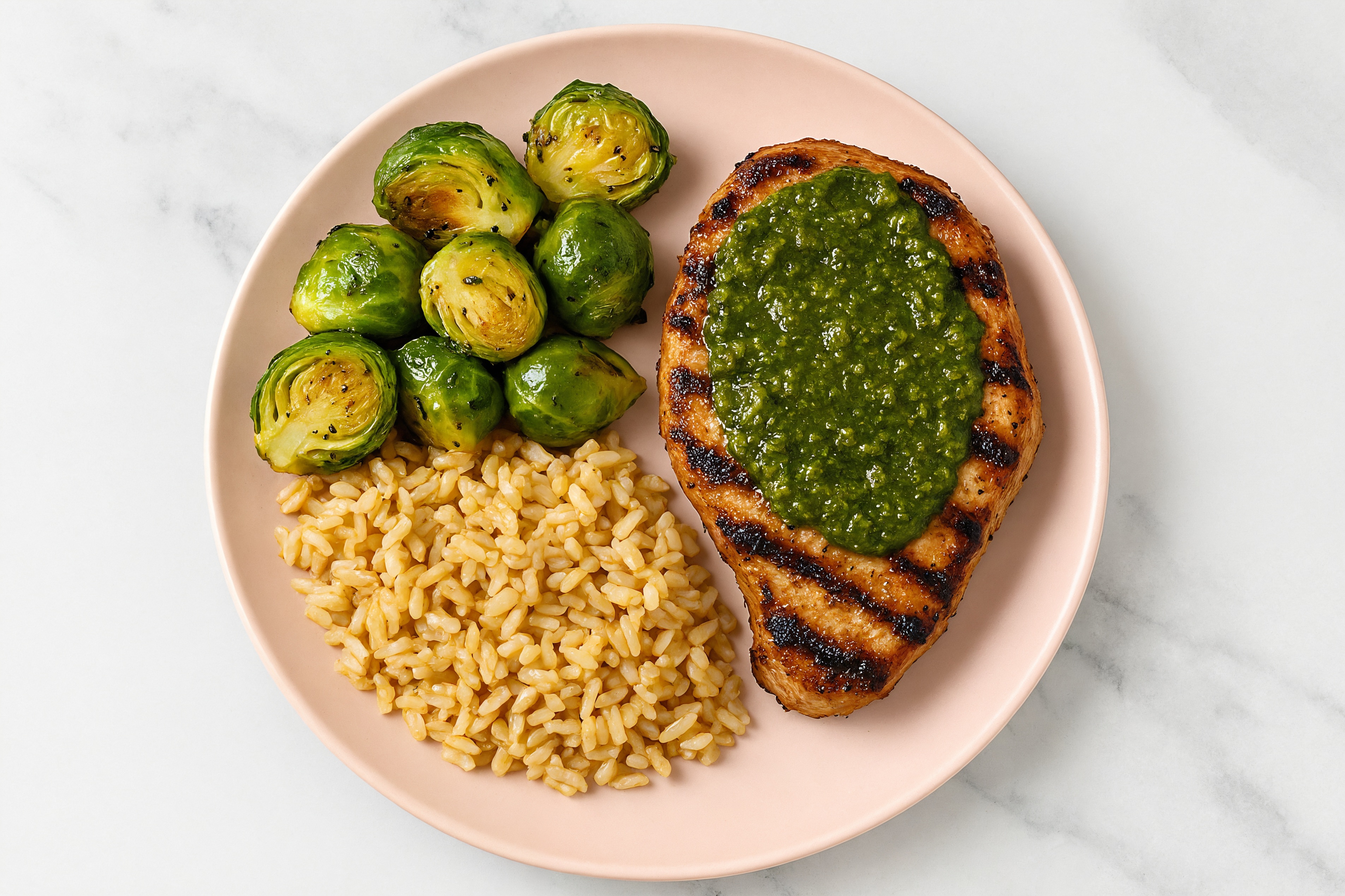 Pesto Grilled Pork with Crispy Brussels with Brown Rice