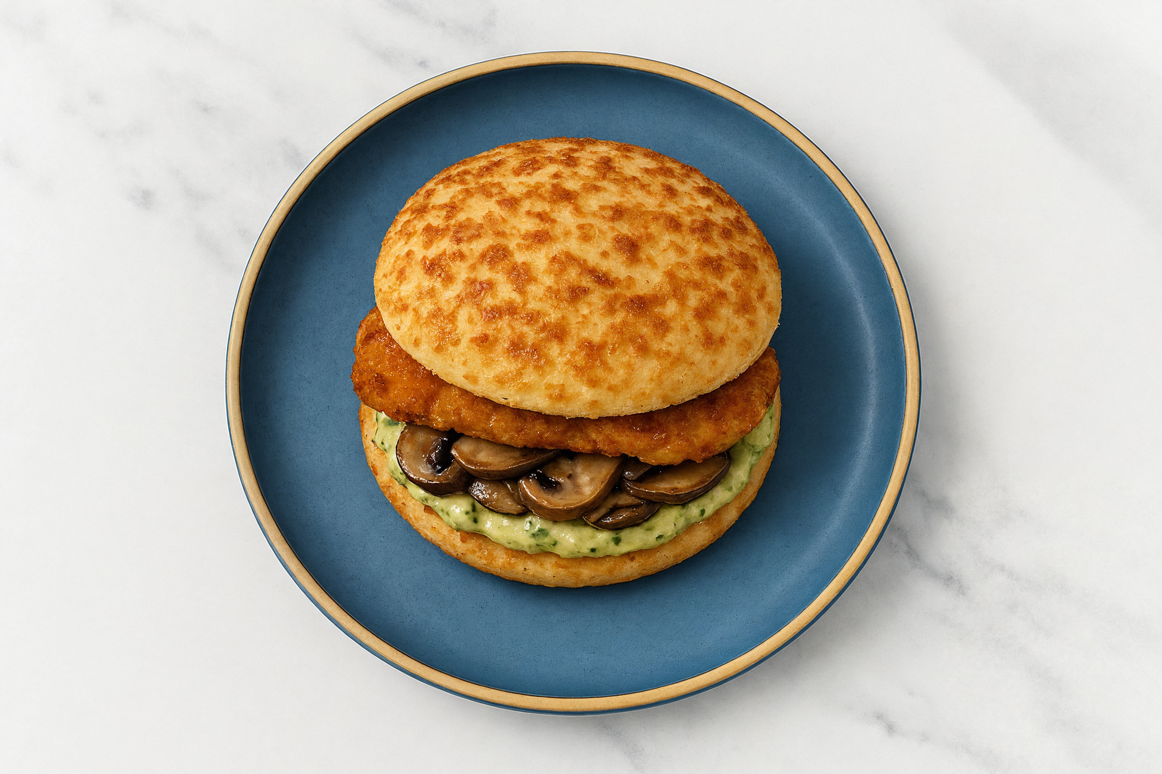 Creamy Artichoke "Chicken" Tenders Sandwich with Portabellas on Cauliflower Rounds